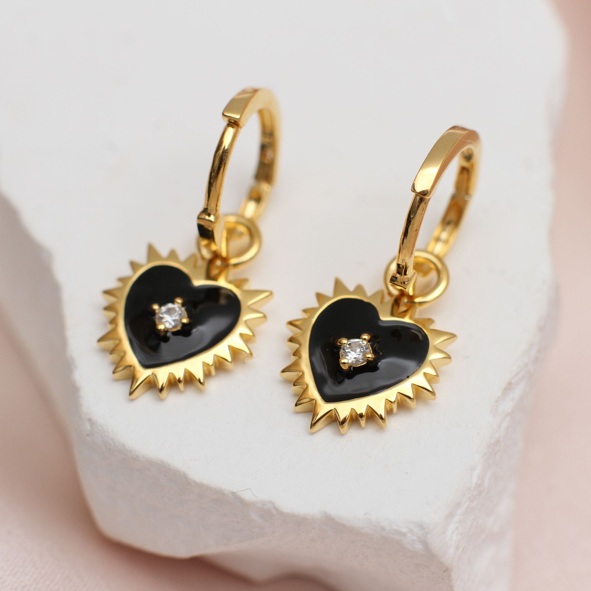 Gold & Black Enamel Sacred Heart Earrings