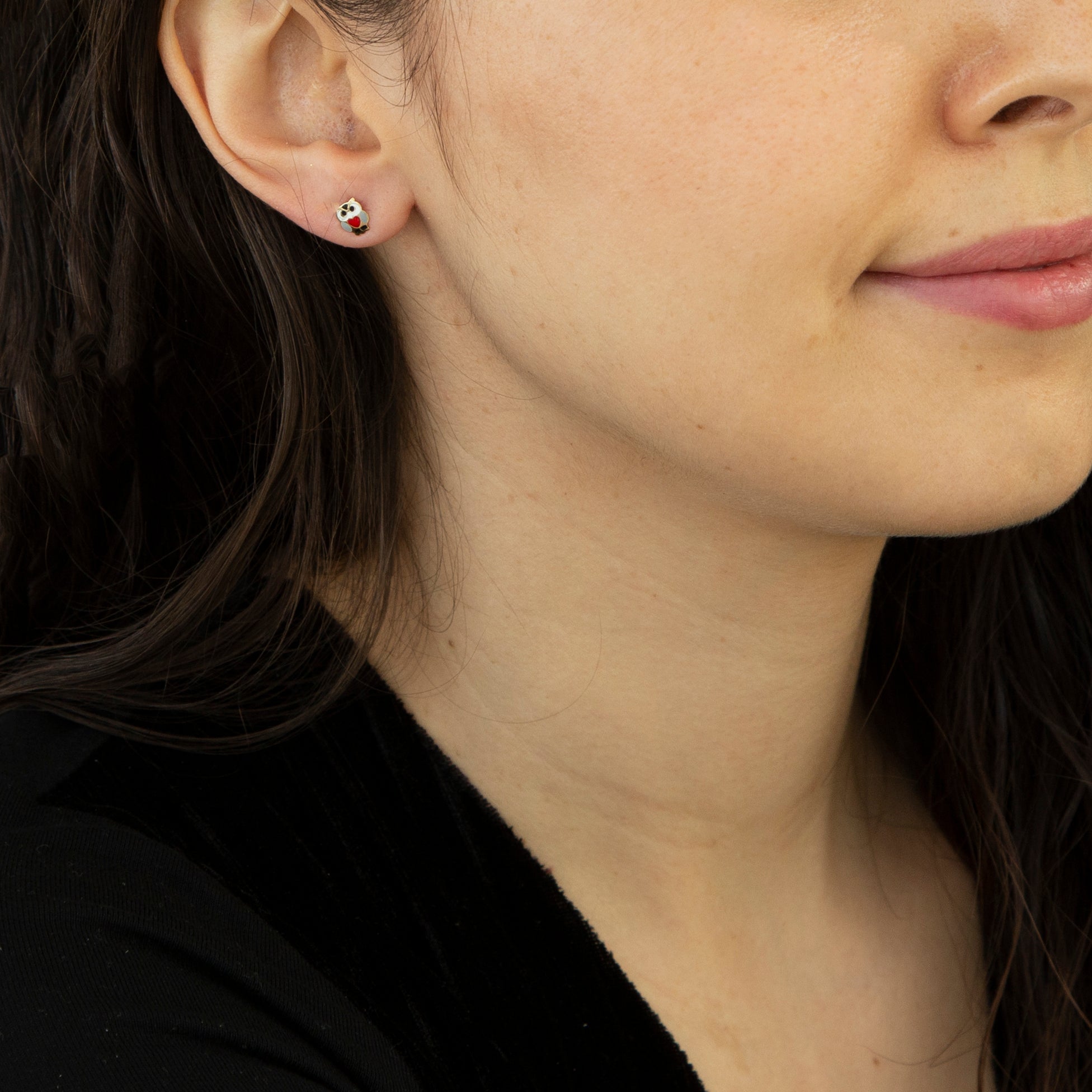 9ct Yellow Gold Enamel Owl Stud Earrings