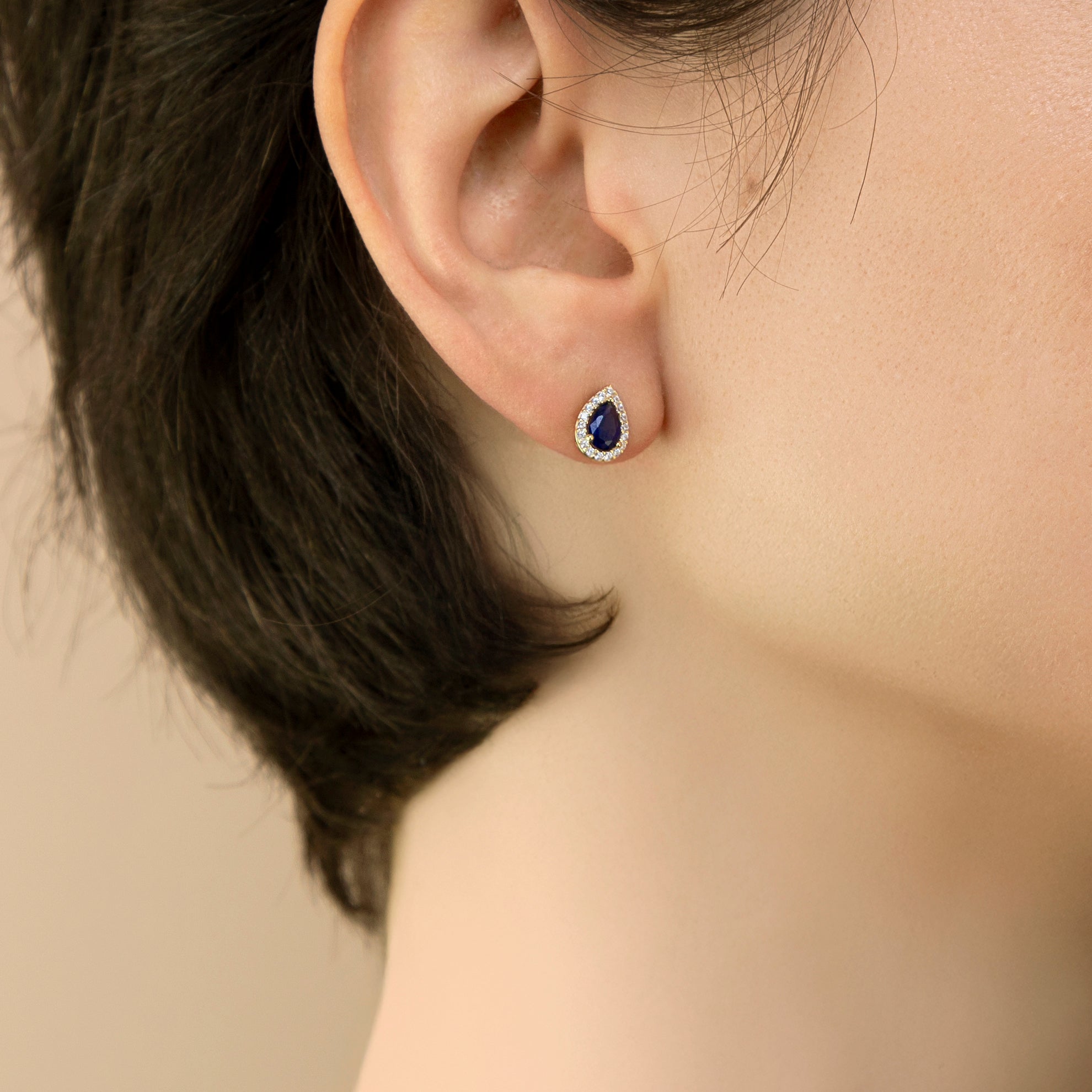 9ct Yellow Gold Blue Pear Shape CZ Halo Stud Earrings