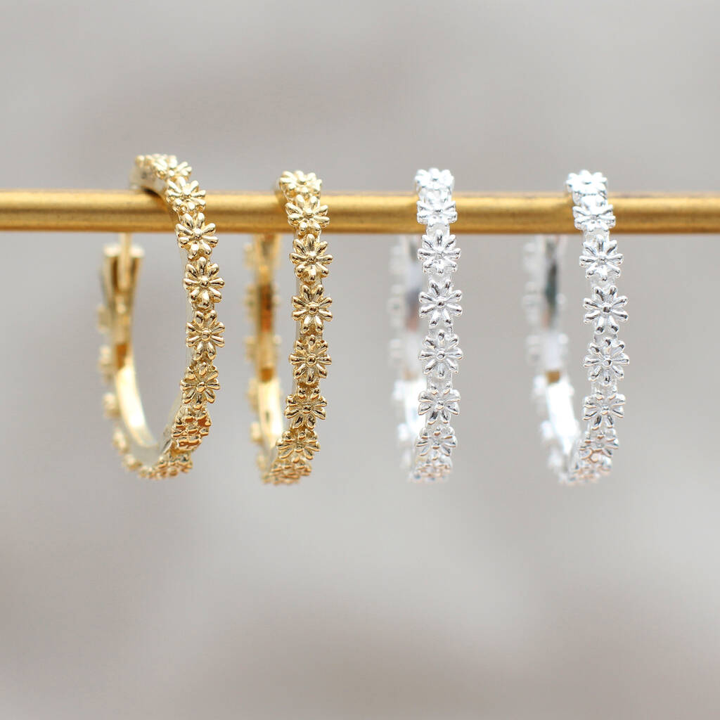 Sterling Silver or Gold Plated Daisy Hoop Earrings