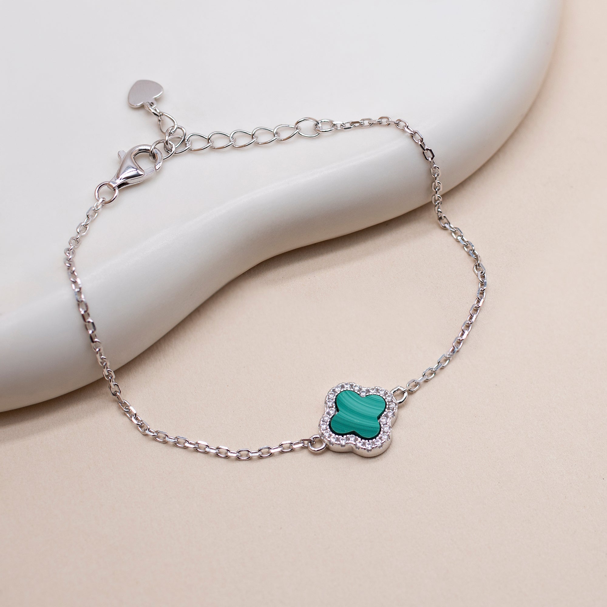 Sterling Silver Malachite Clover & CZ Bracelet