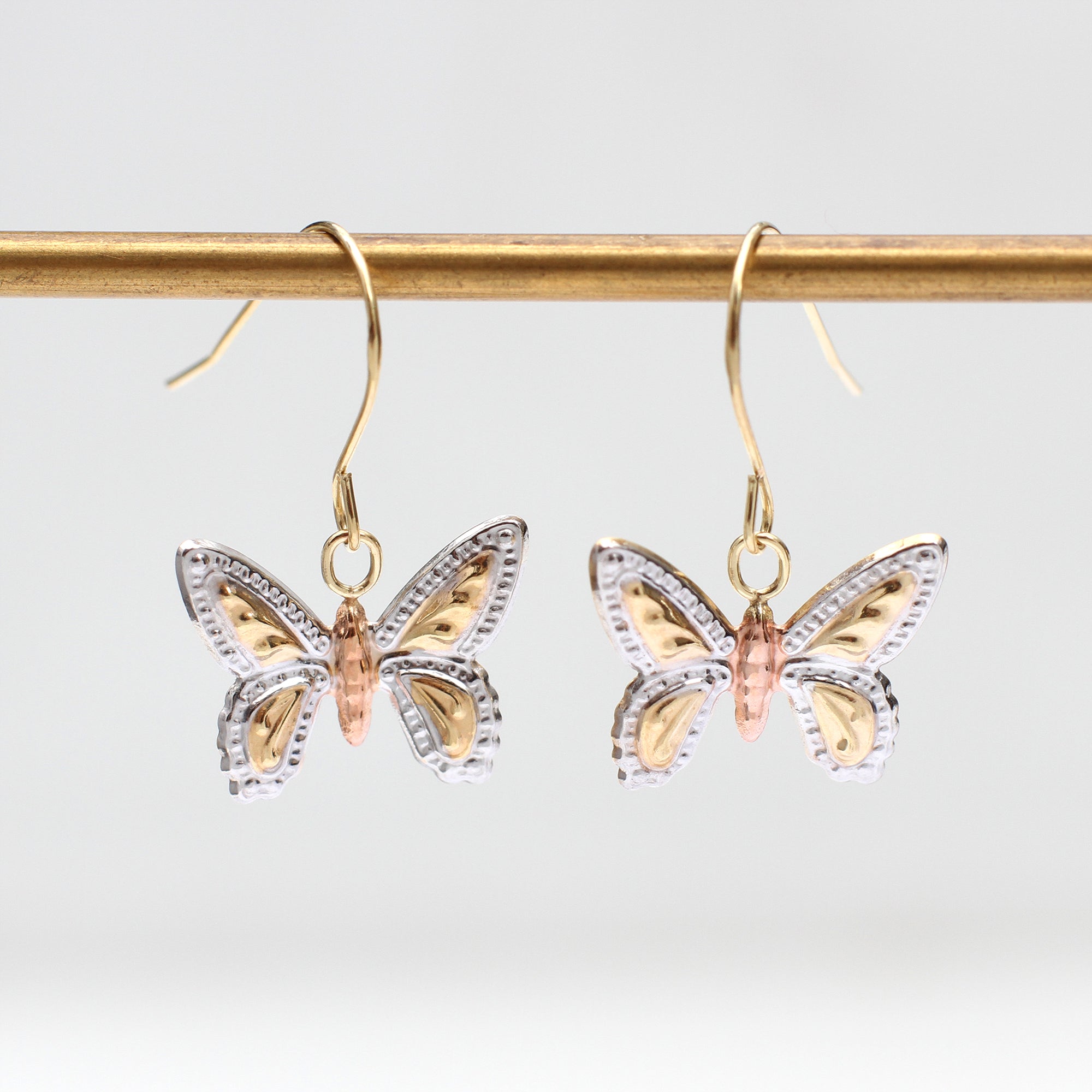 9ct Three Tone Gold Textured Butterfly Drop Earrings