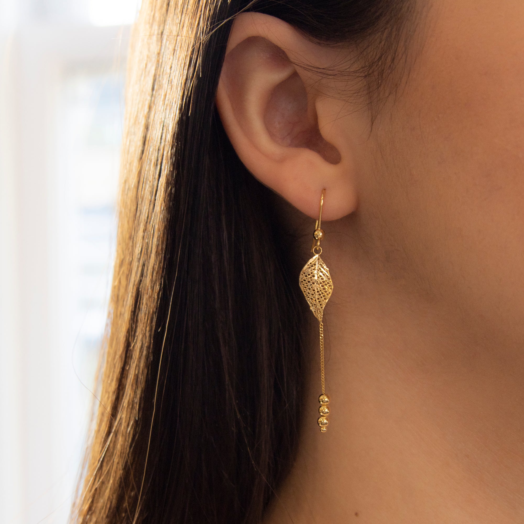 9ct Yellow Gold Diamond Cut Leaf and Chain Drop Earrings