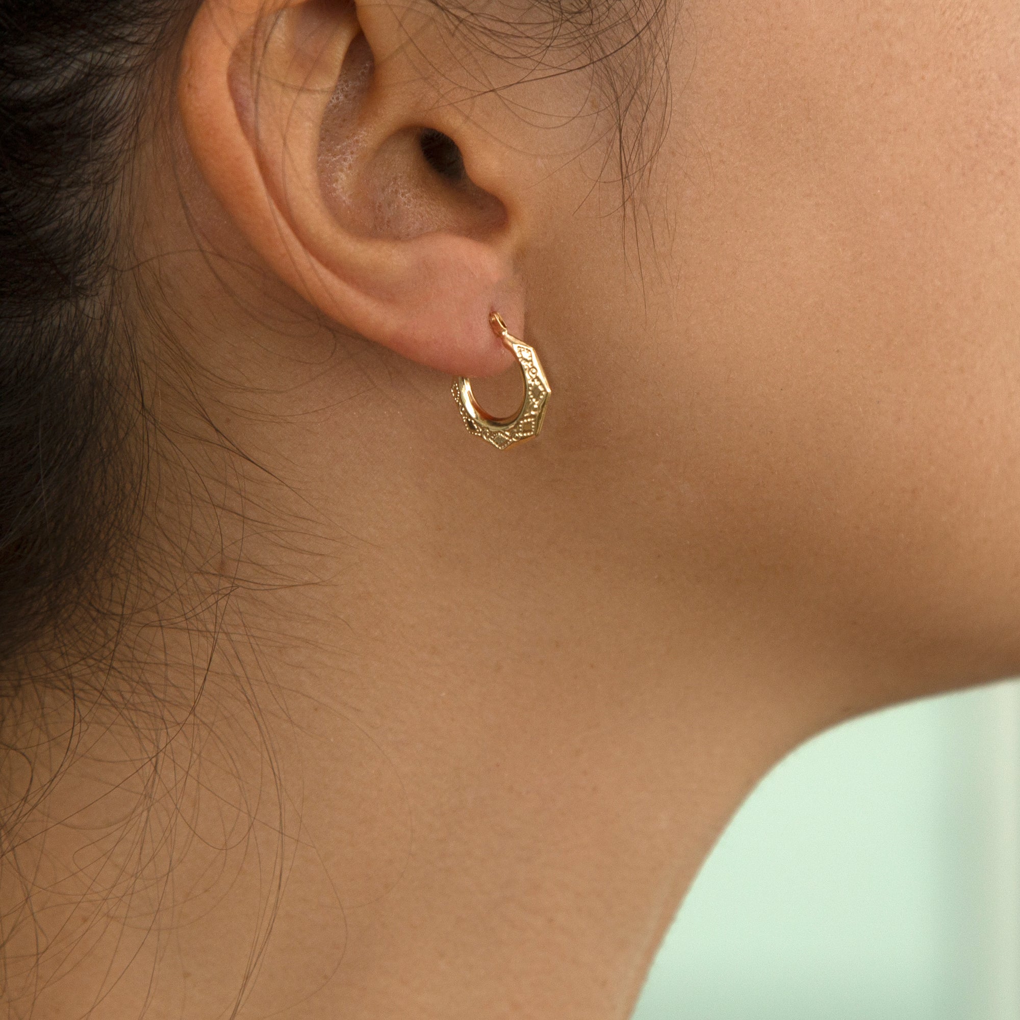 9ct Yellow Gold Patterned Mini Hoop Earrings