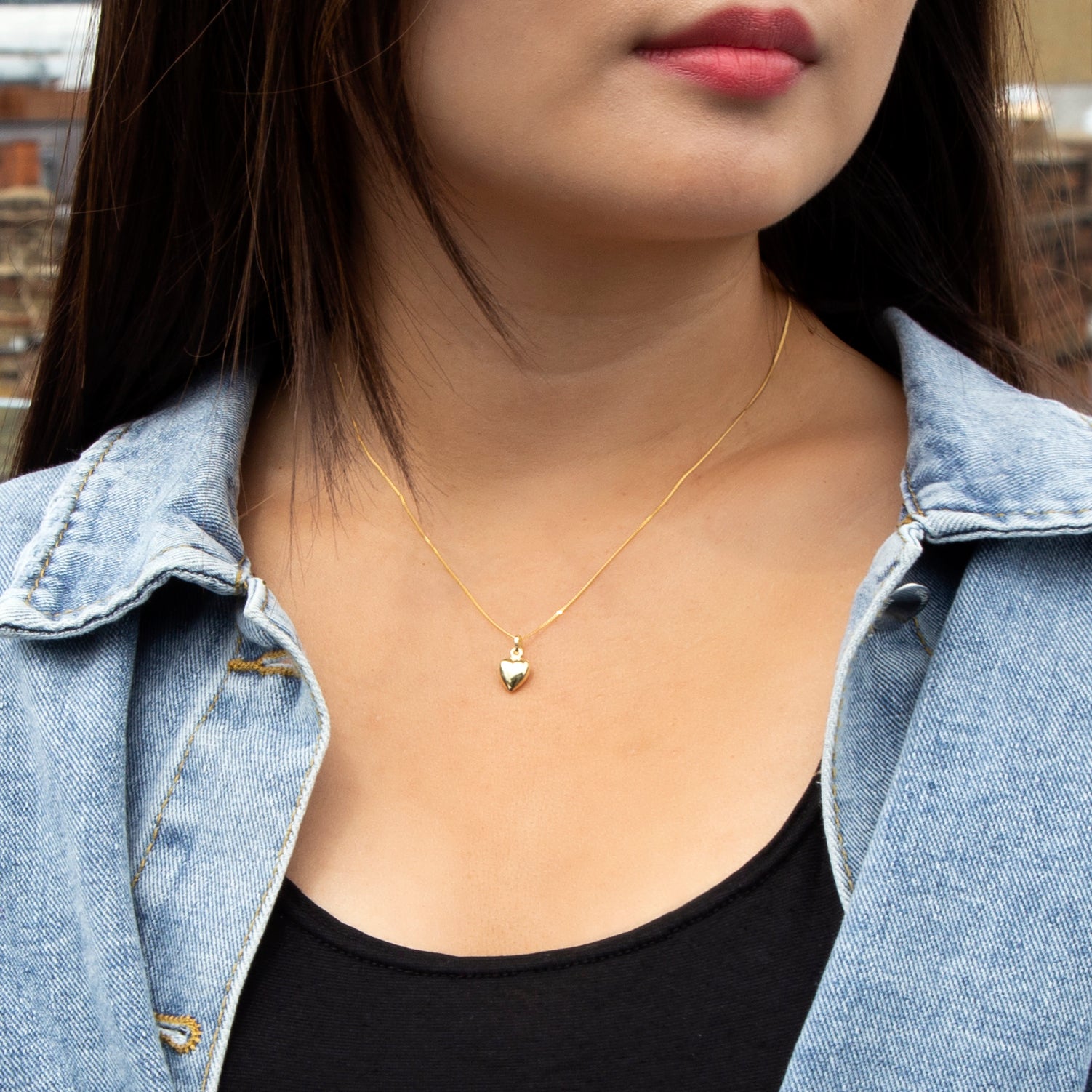 9ct Yellow Gold Puffed Heart Pendant Curb Chain Necklace