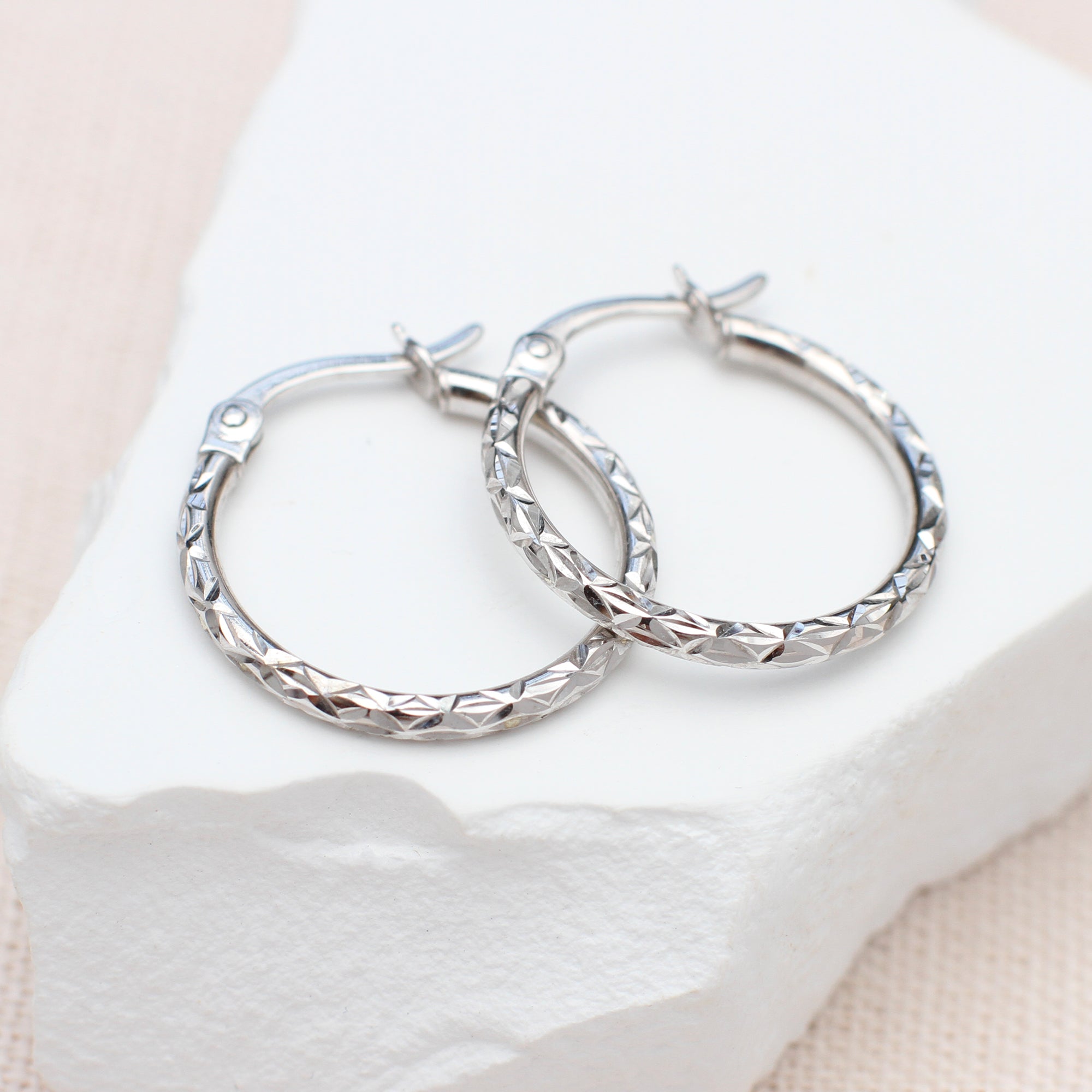 9ct White Gold Diamond Cut Hoop Earrings