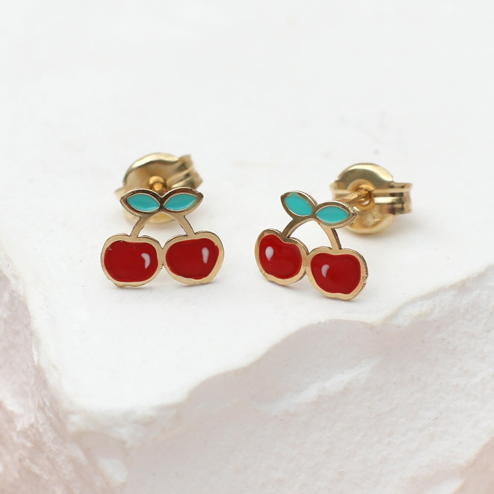 9ct Yellow Gold Enamel Cherry Stud Earrings