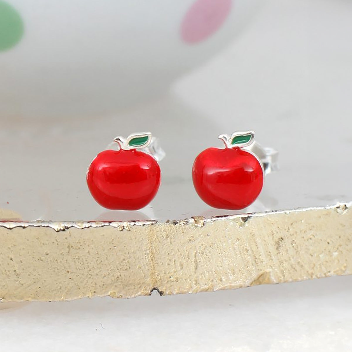 Girl's Sterling Silver And Enamel Apple Earrings
