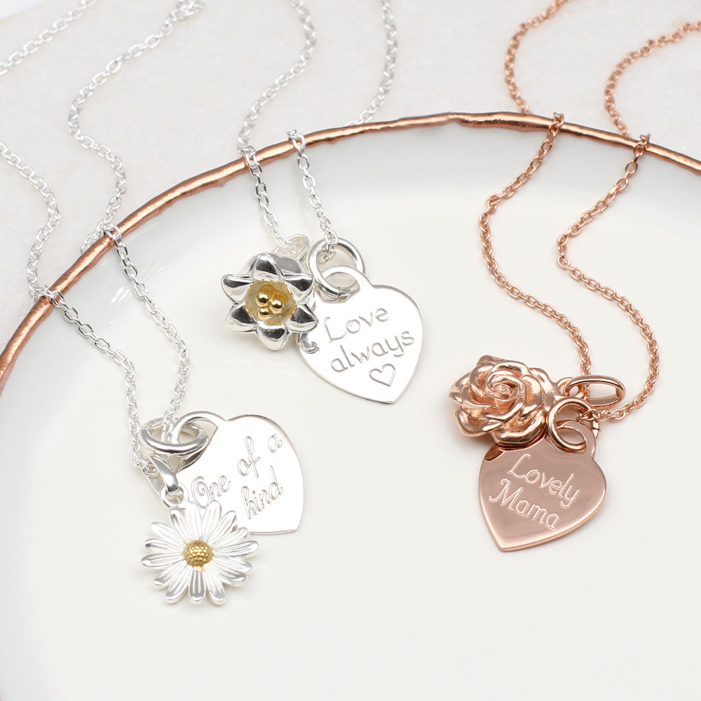 送税込【HURLEY BURLEY】PERSONALISED 9CT GOLD FLOWER NECKLACE Personalised Heart Charm & Birth Flower Necklace