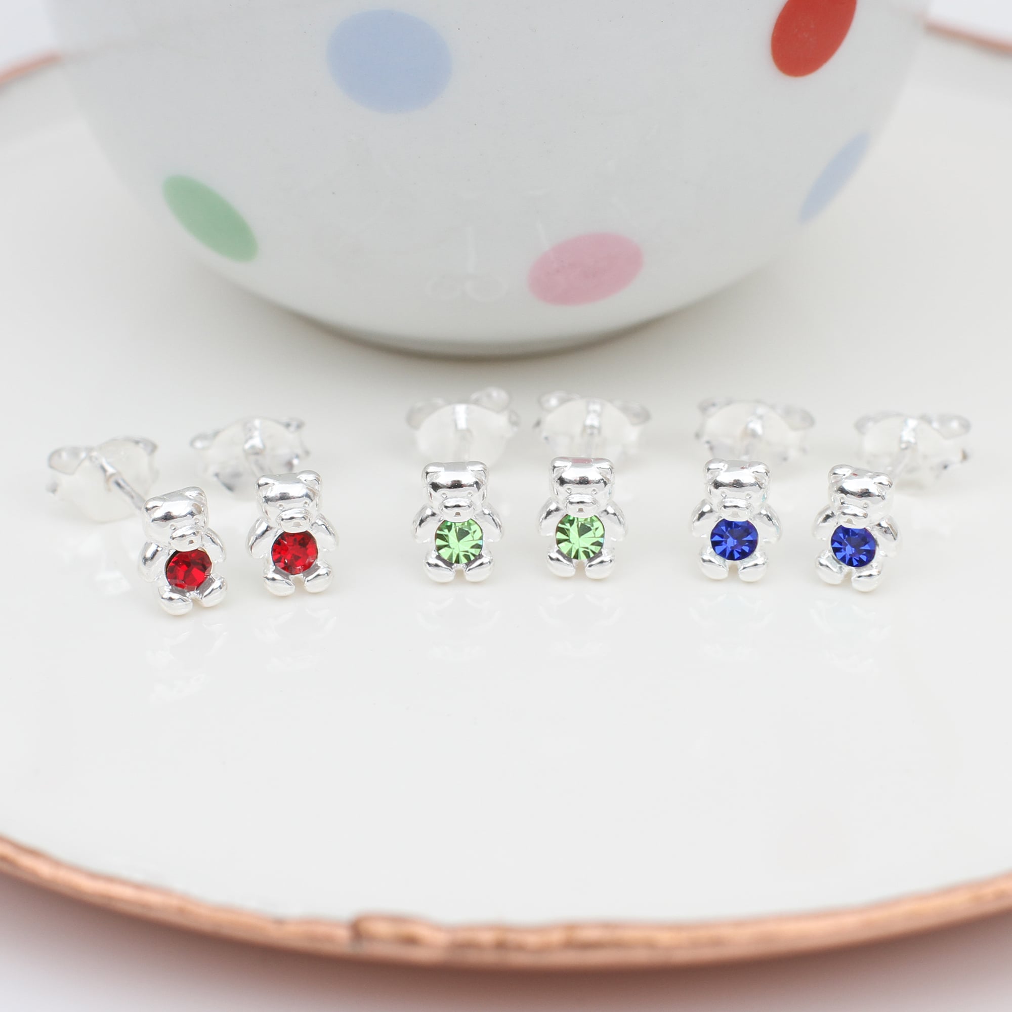 Personalised Sterling Silver Birthstone Teddy Earrings