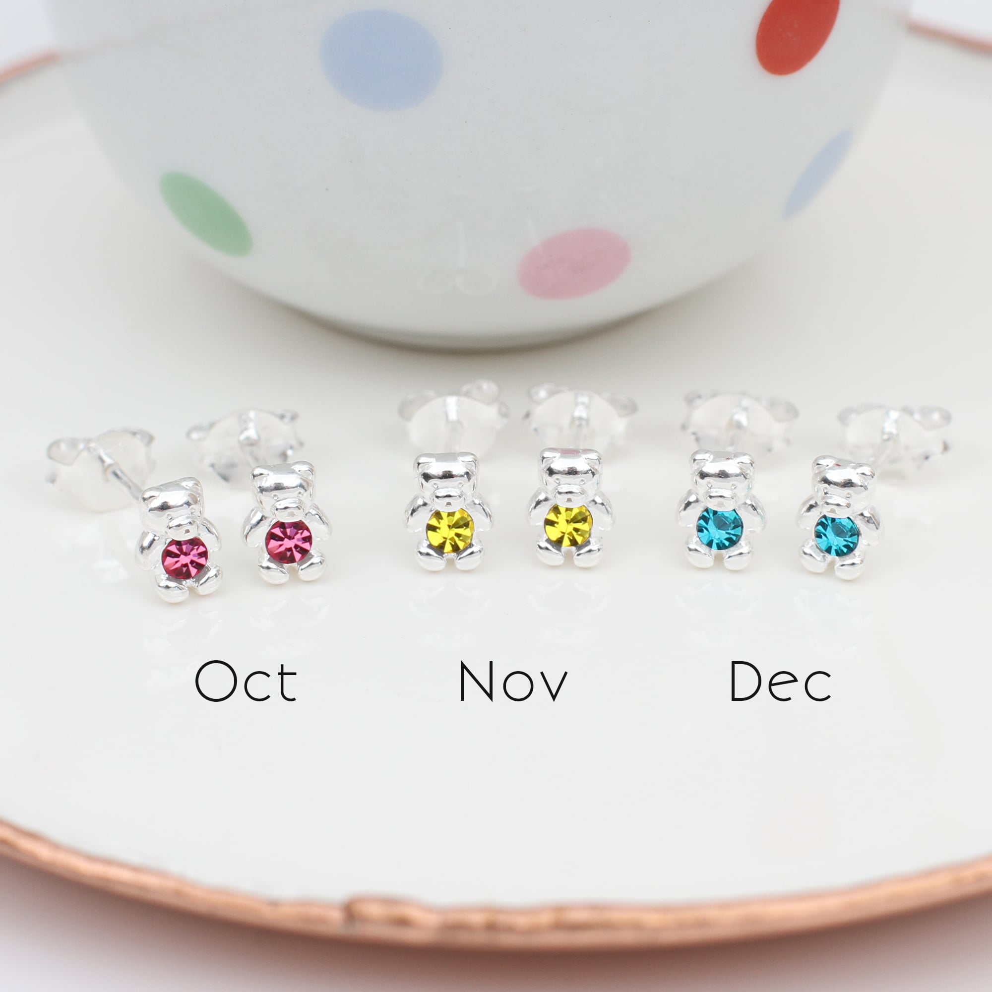 Personalised Sterling Silver Birthstone Teddy Earrings
