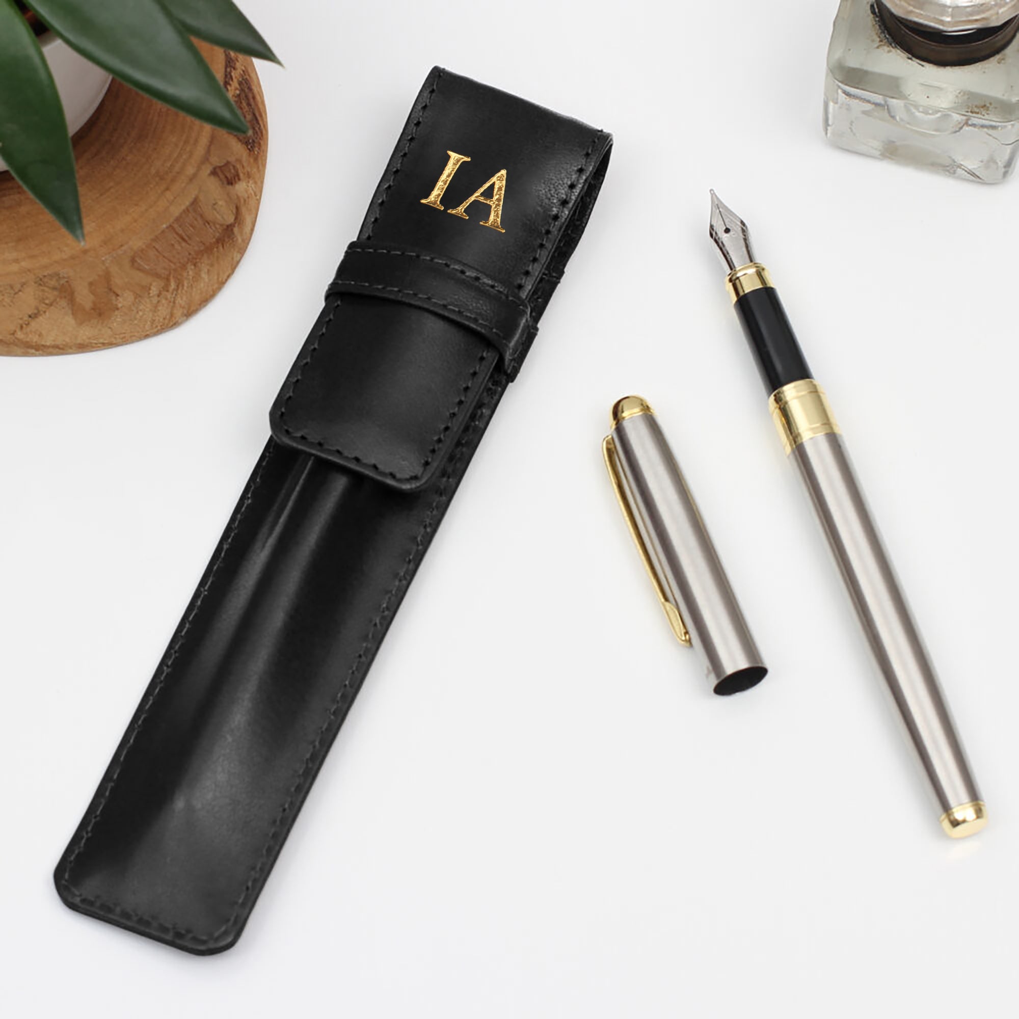Personalised Antiqued Leather Pen Holder And Pen
