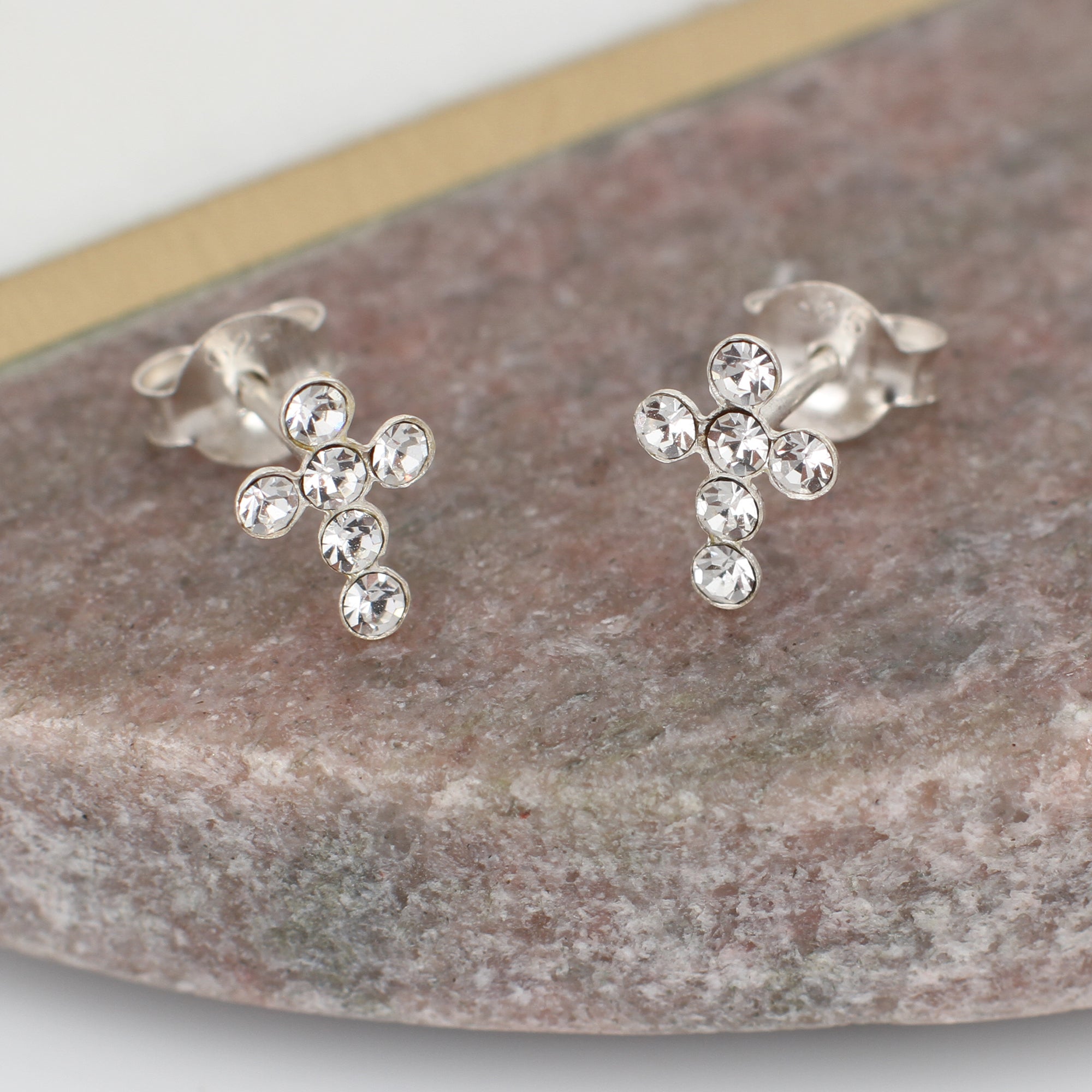 Tiny Silver And Crystal Cross Earrings