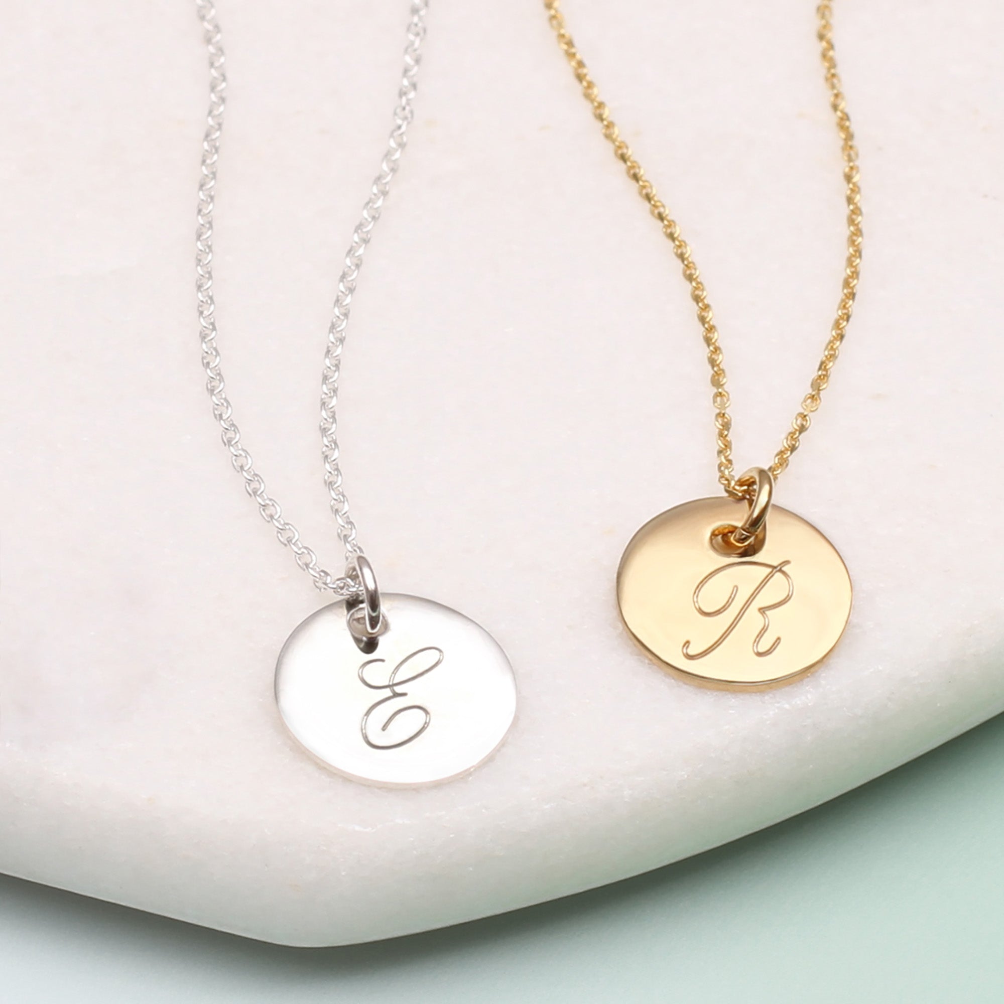 Gold Plated or Silver Personalised Initial Disc or Heart Necklaces