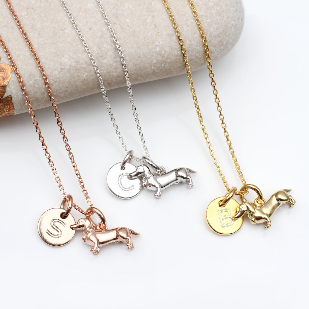 Silver or 18ct Gold Plated Personalised Initial Disc Tiny Dachshund Dog Necklace