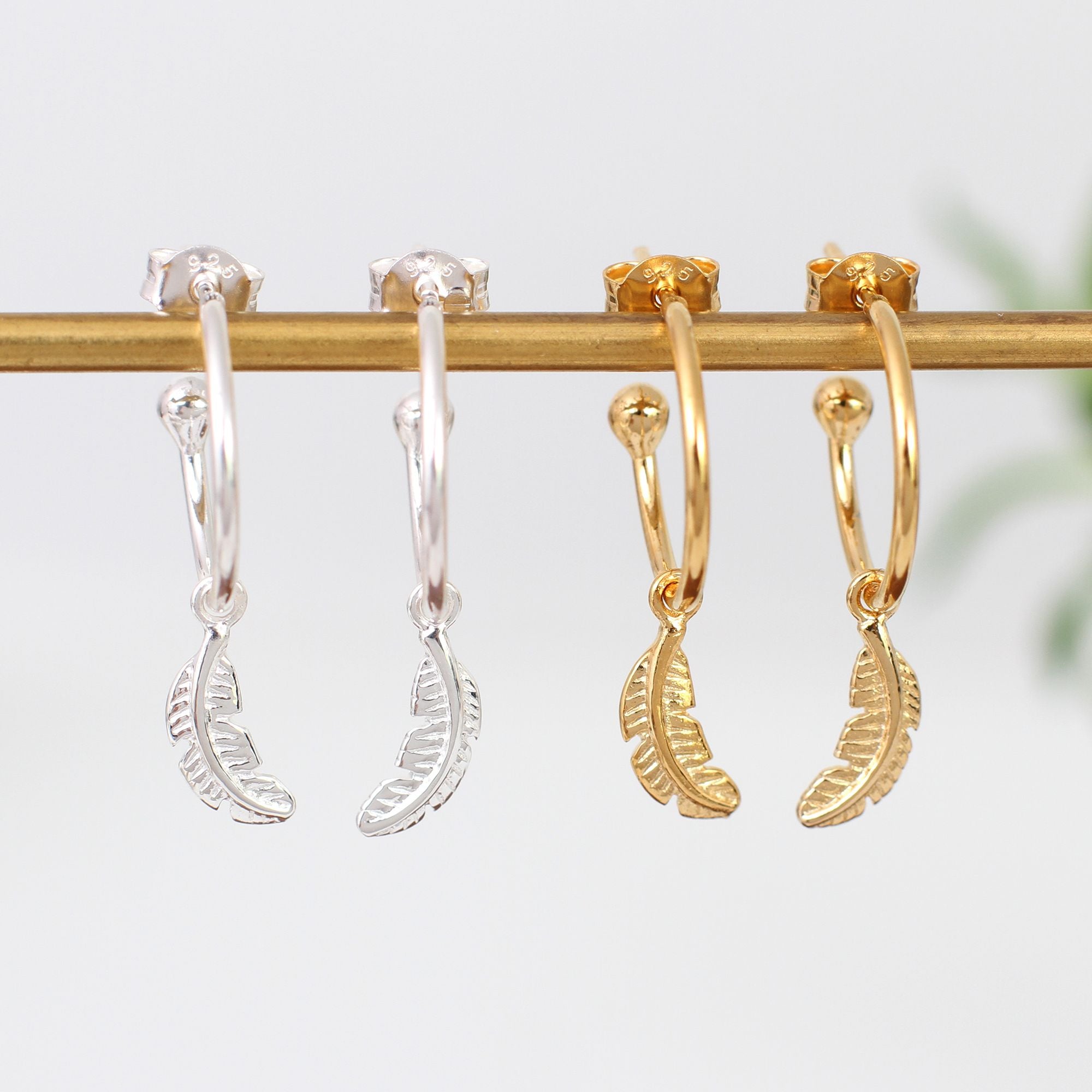 18ct Gold Plated Or Silver Huggie Hoop Curved Feather Earrings