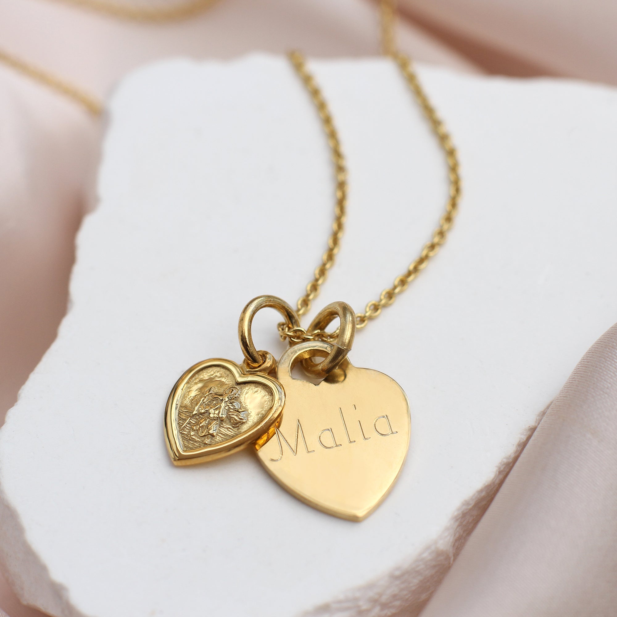 Personalised Gold St Christopher Double Heart Charm Necklace