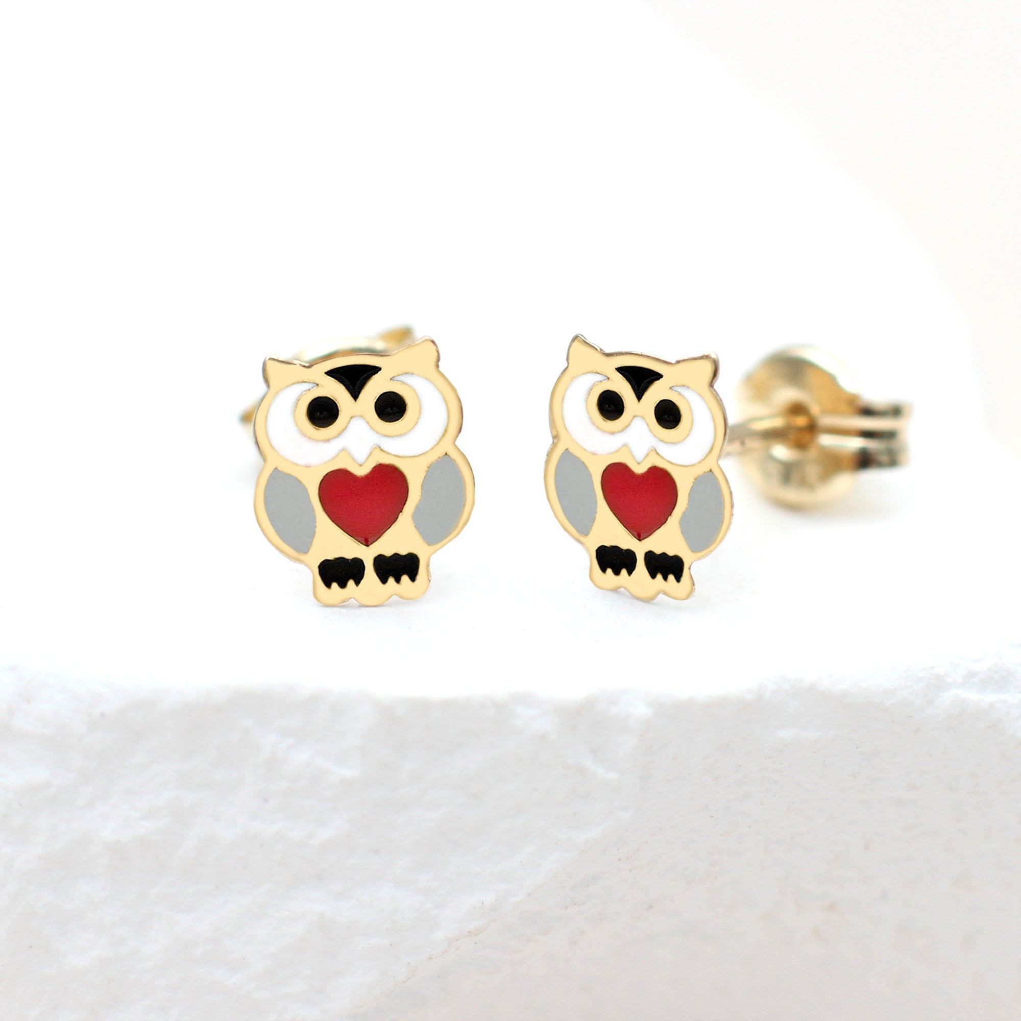 9ct Yellow Gold Enamel Owl Stud Earrings