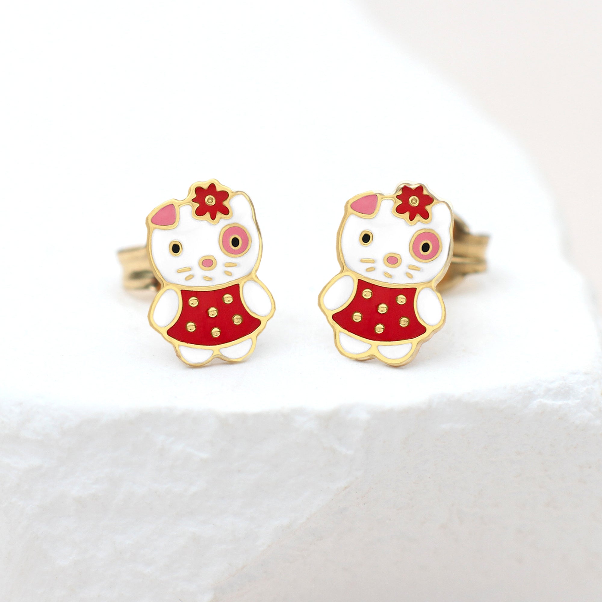 9ct Yellow Gold Enamel Kitty Earrings