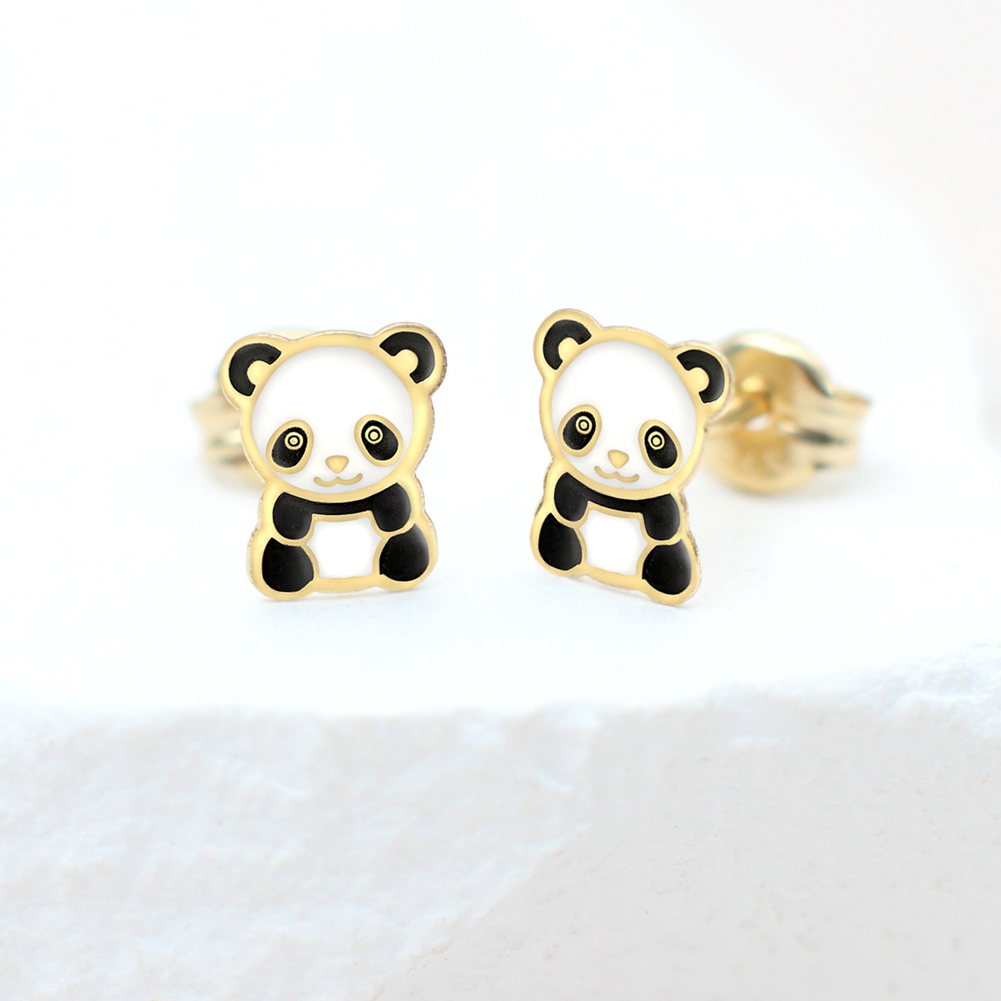 9ct Yellow Gold Enamel Panda Stud Earrings