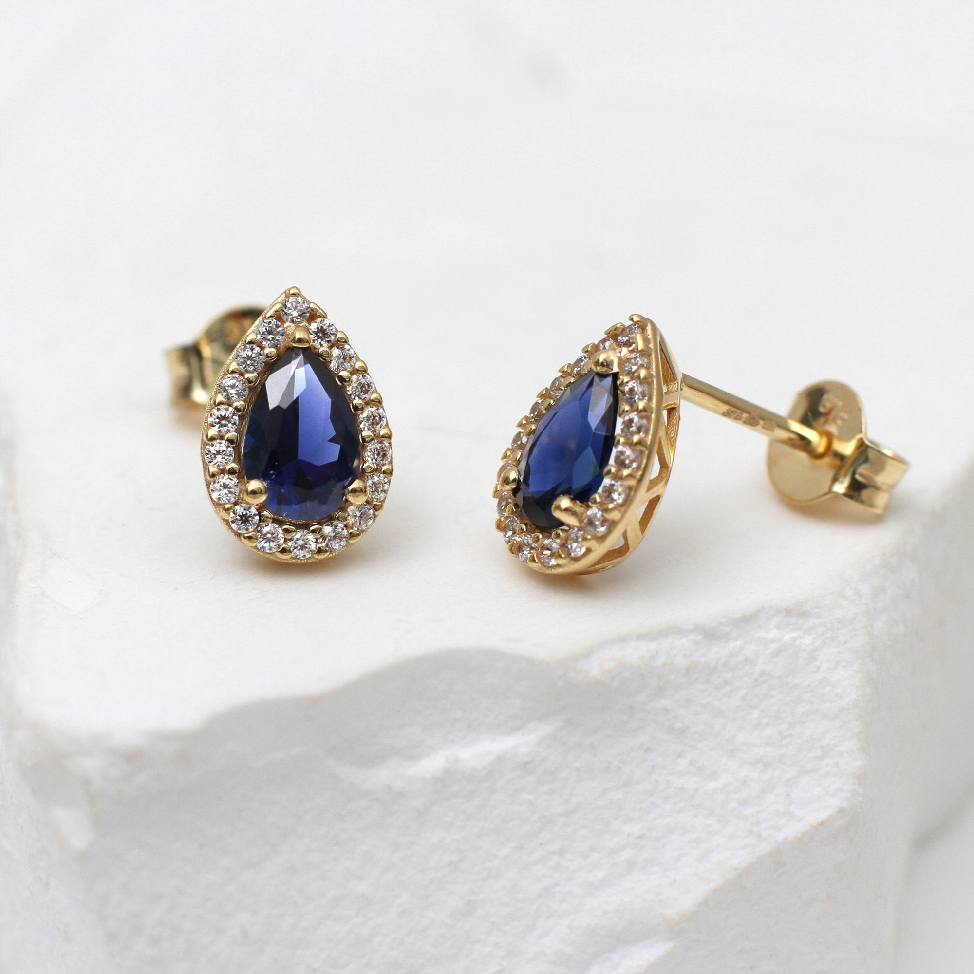 9ct Yellow Gold Blue Pear Shape CZ Halo Stud Earrings