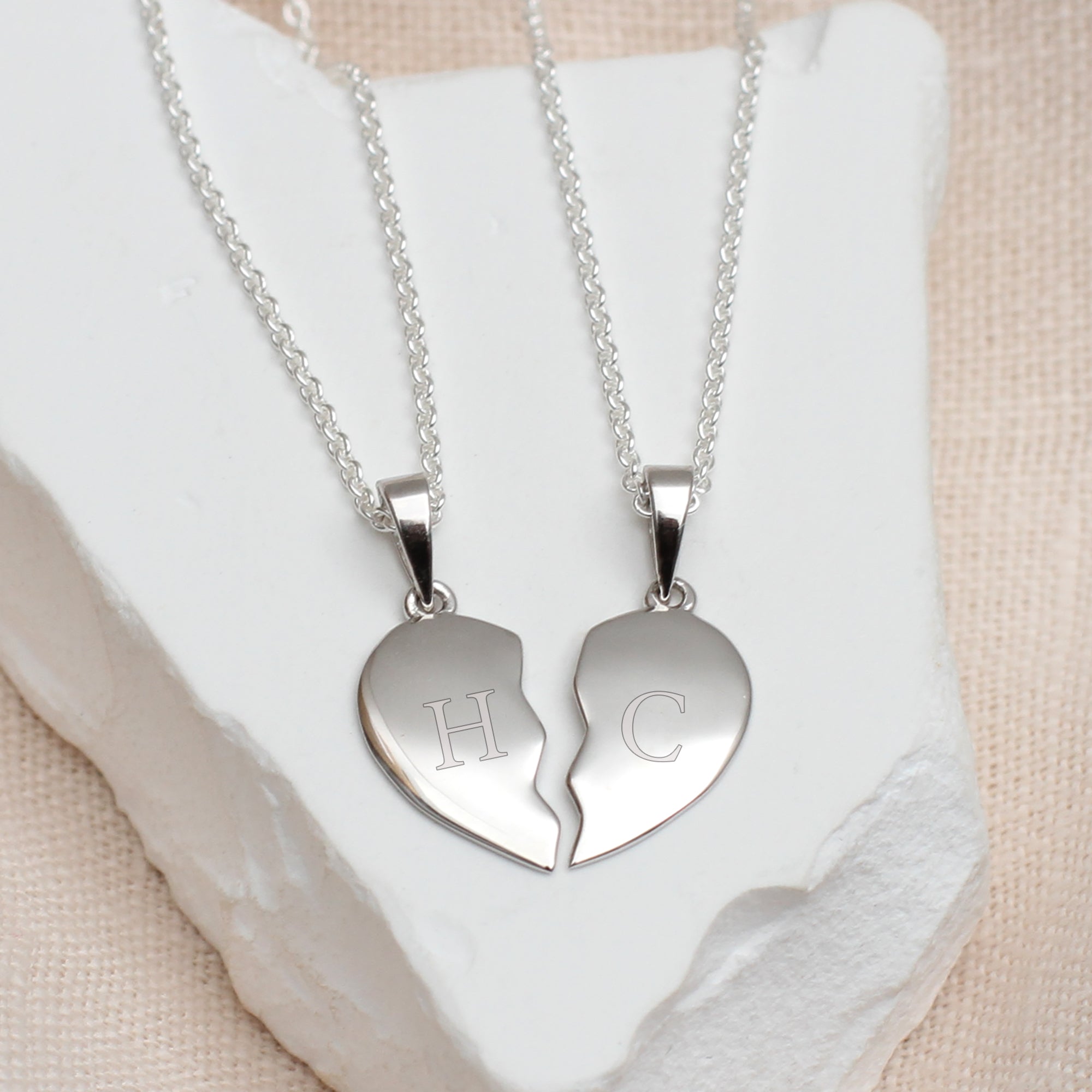 Personalised Sterling Silver Split Heart Friendship Necklace Set