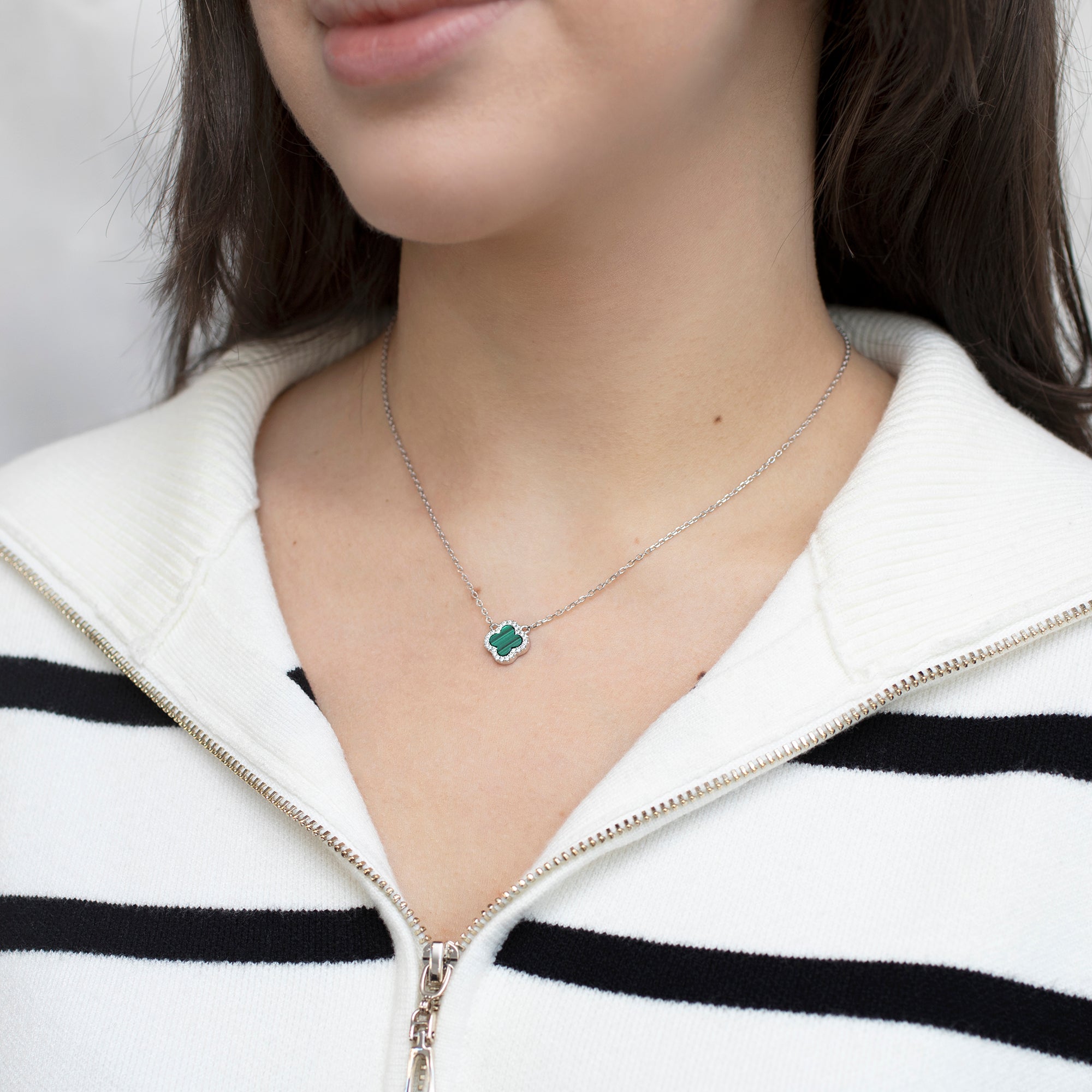 Personalised Sterling Silver Malachite Clover & CZ Necklace
