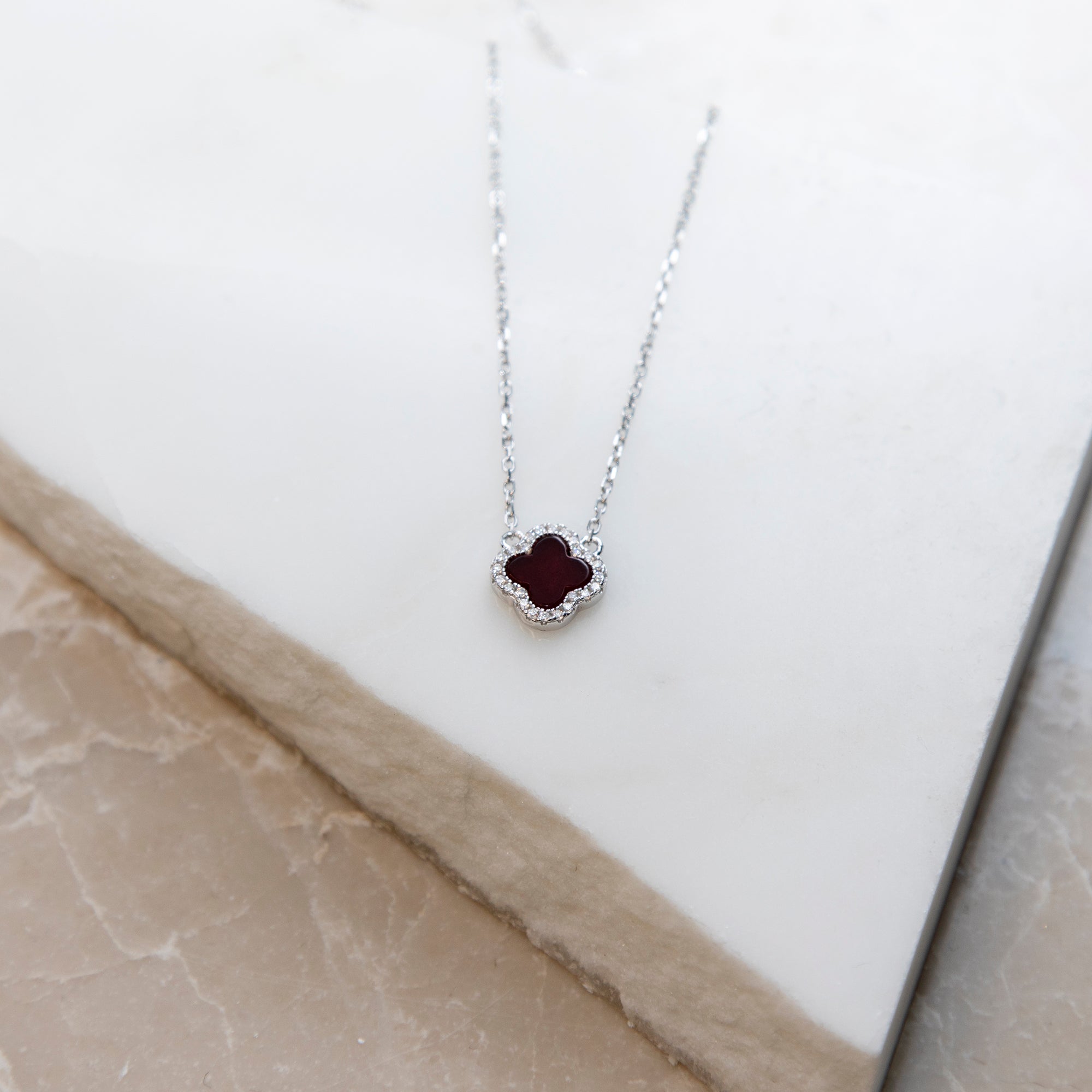 Personalised Sterling Silver Red Agate Clover & CZ Necklace