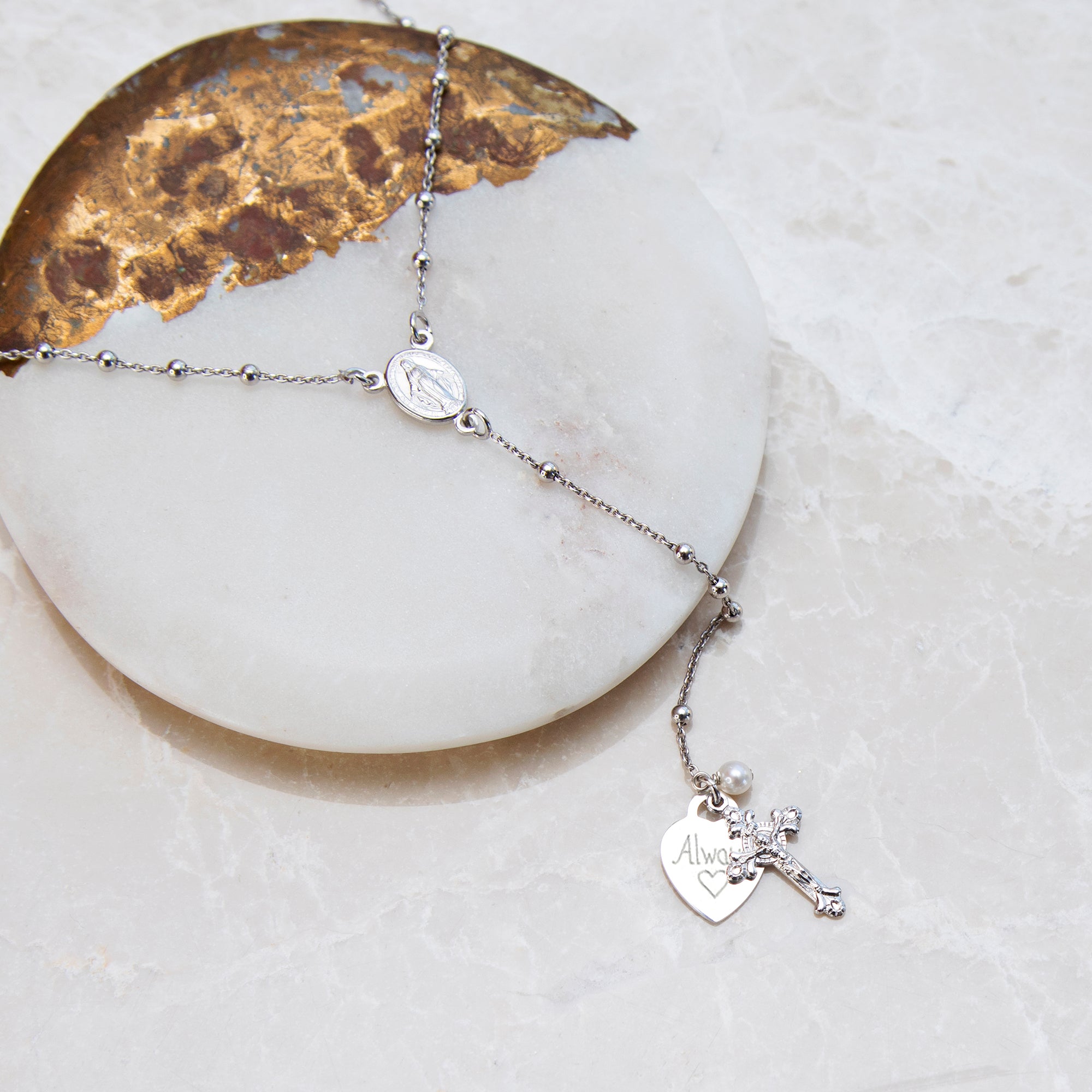 Personalised Sterling Silver Rosary Heart Necklace