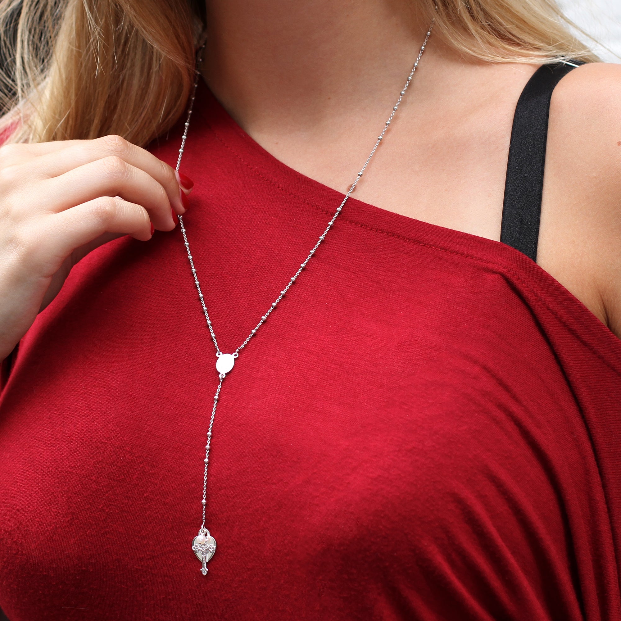 Personalised Sterling Silver Rosary Heart Necklace