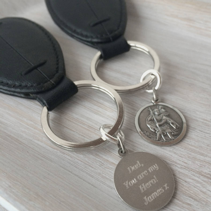 Personalised Silver St Christopher Oval Leather Keyring