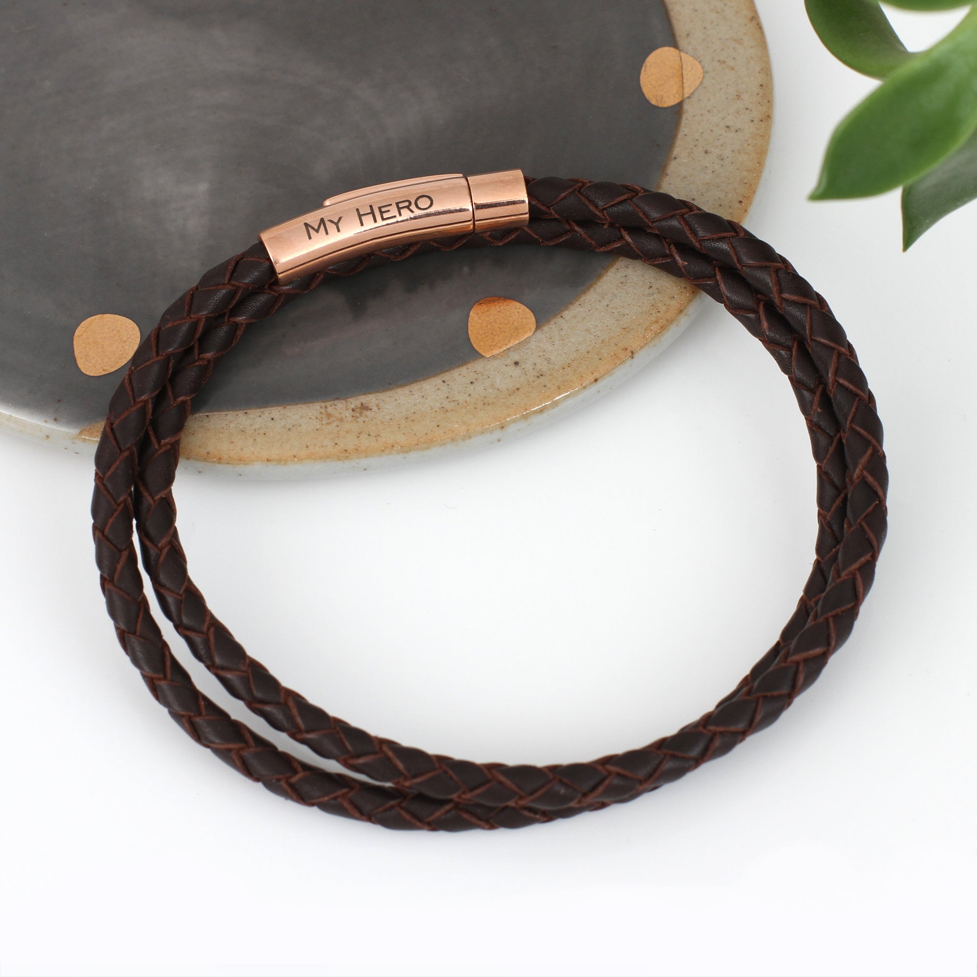Men's Rose Gold Plated And Leather Bracelet