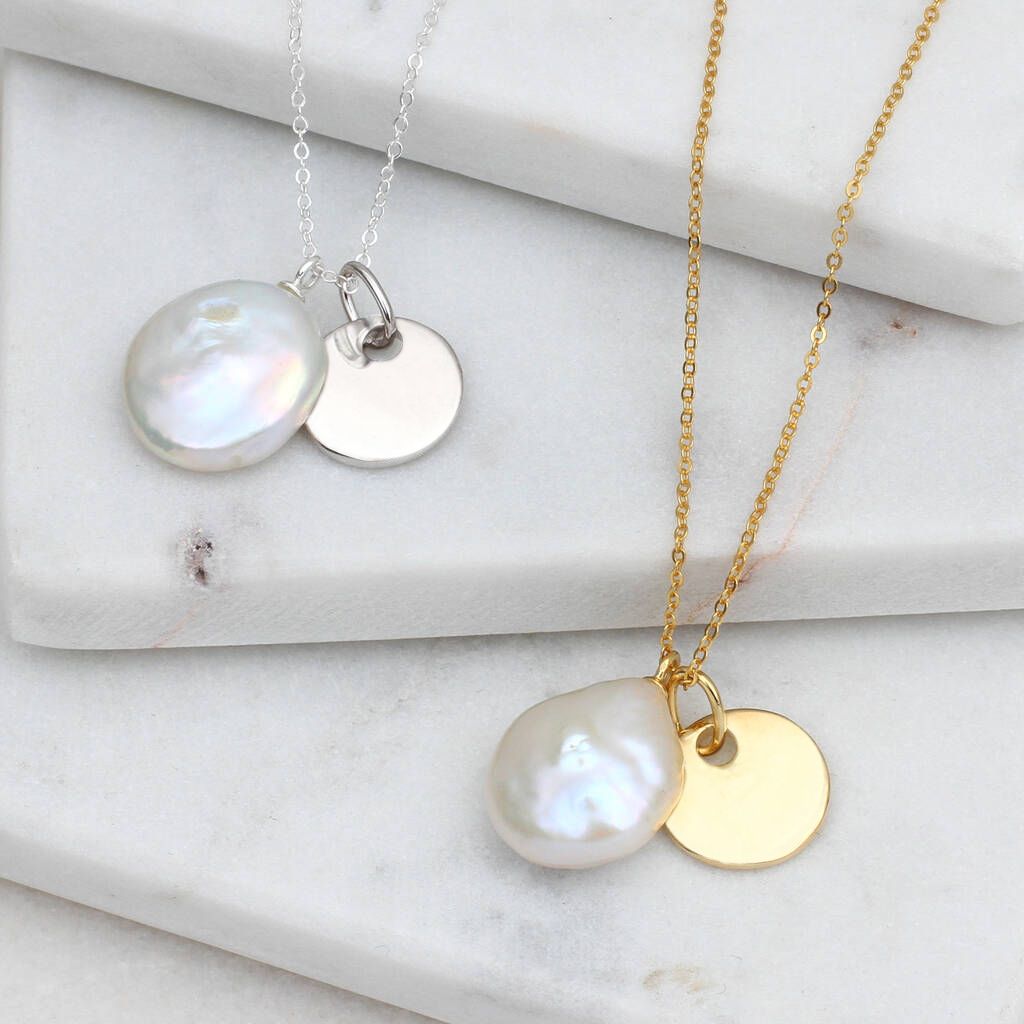 Freshwater Pearl & Gold Plated or Silver Disc Charm Necklace