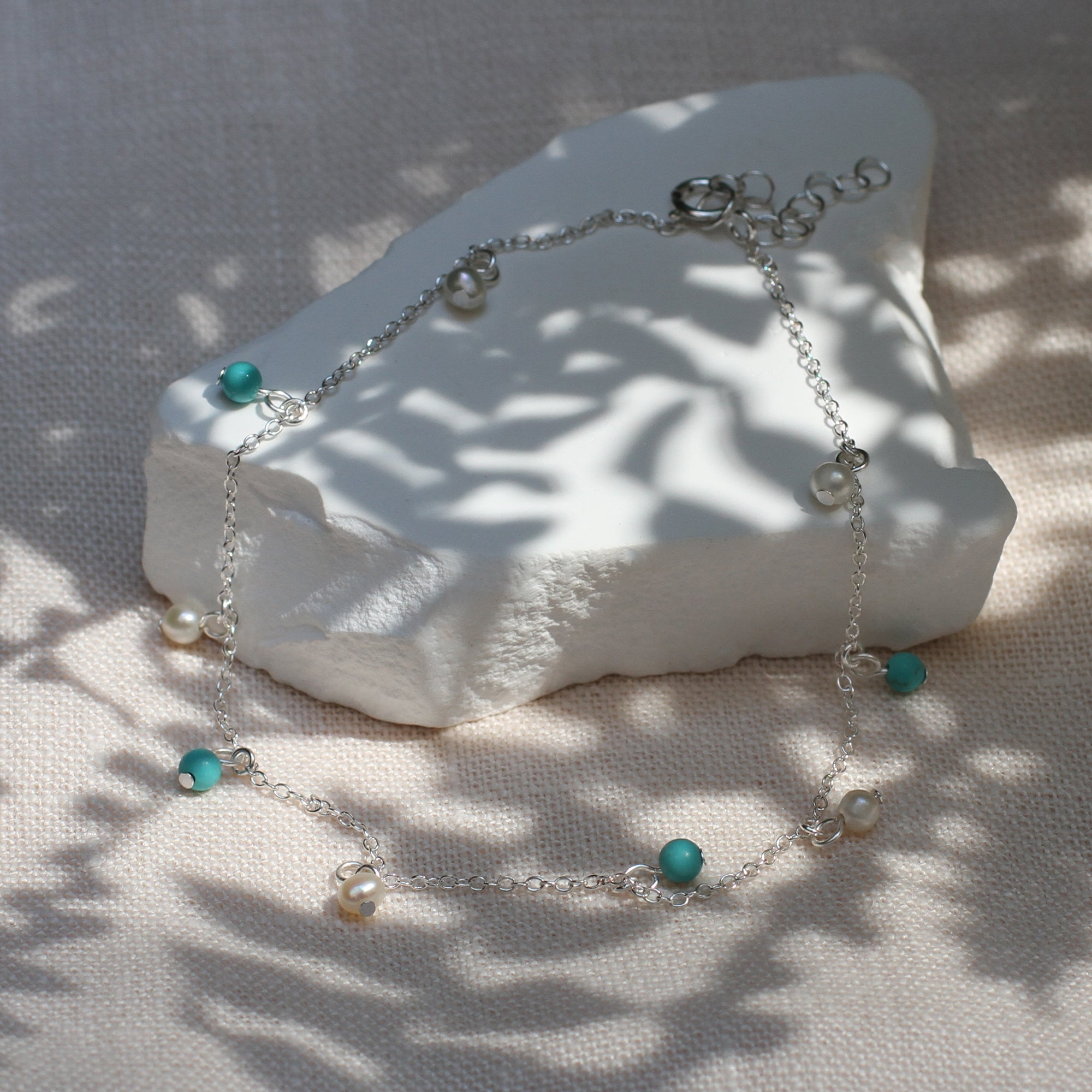 Personalised Turquoise And Pearl Bead Silver Anklet