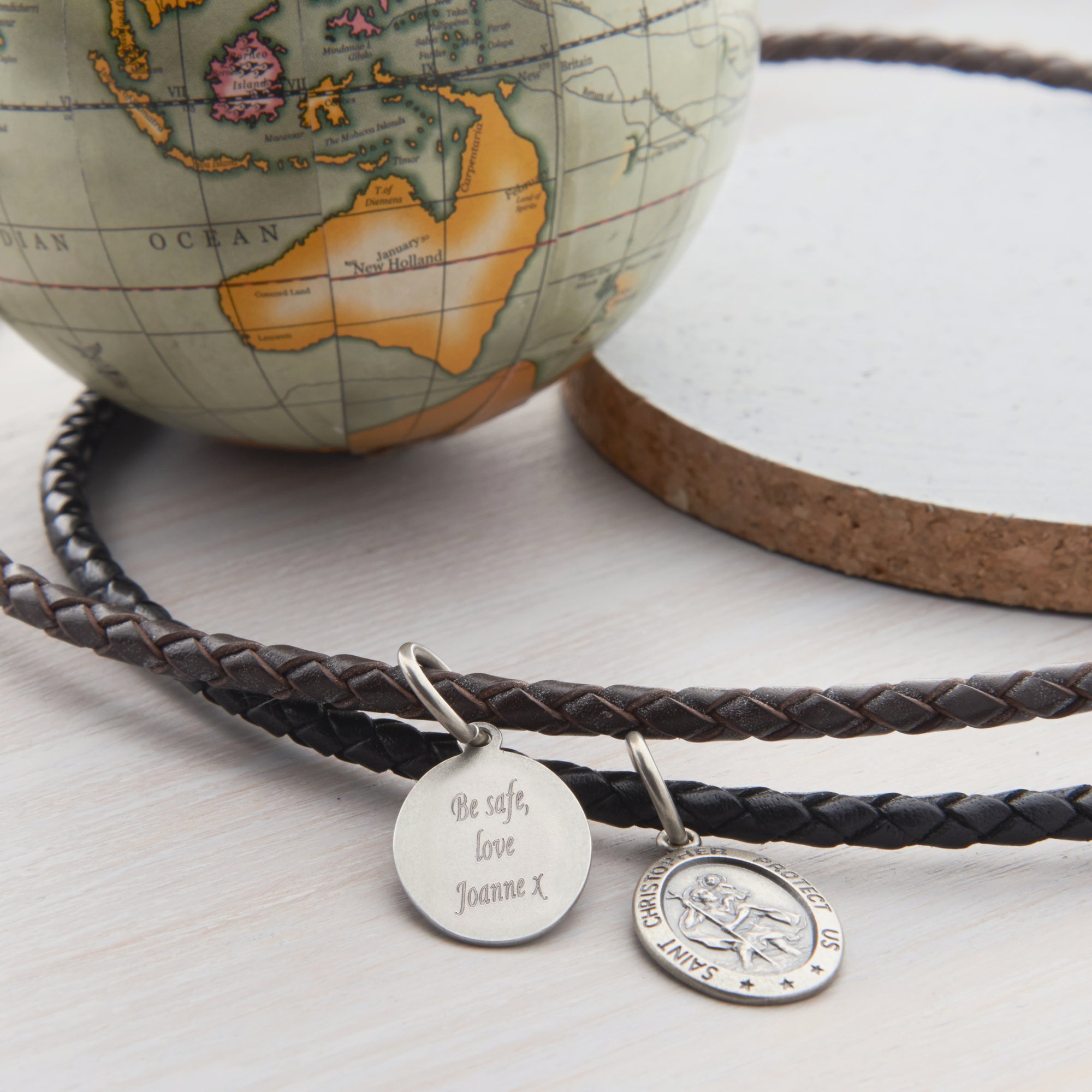 Personalised Silver St Christopher Woven Leather Necklet