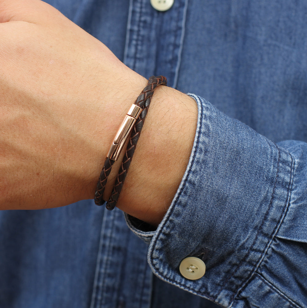 Men's Rose Gold Plated And Leather Bracelet