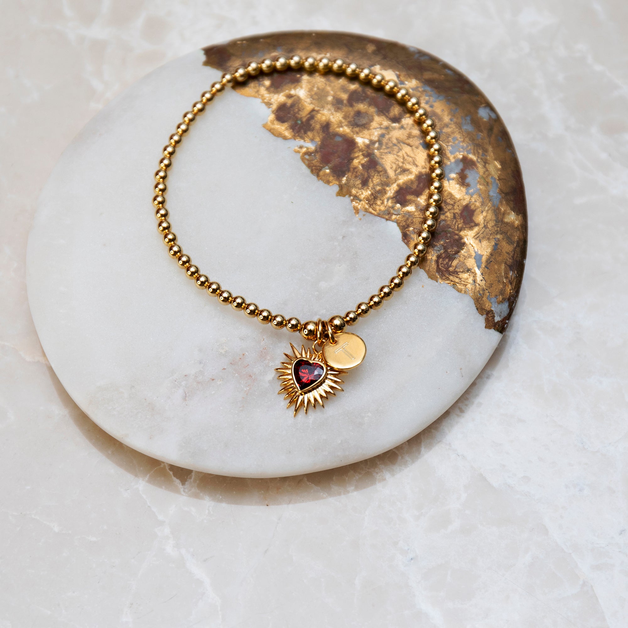 Personalised Gold & Red Sacred Heart Ball Bracelet