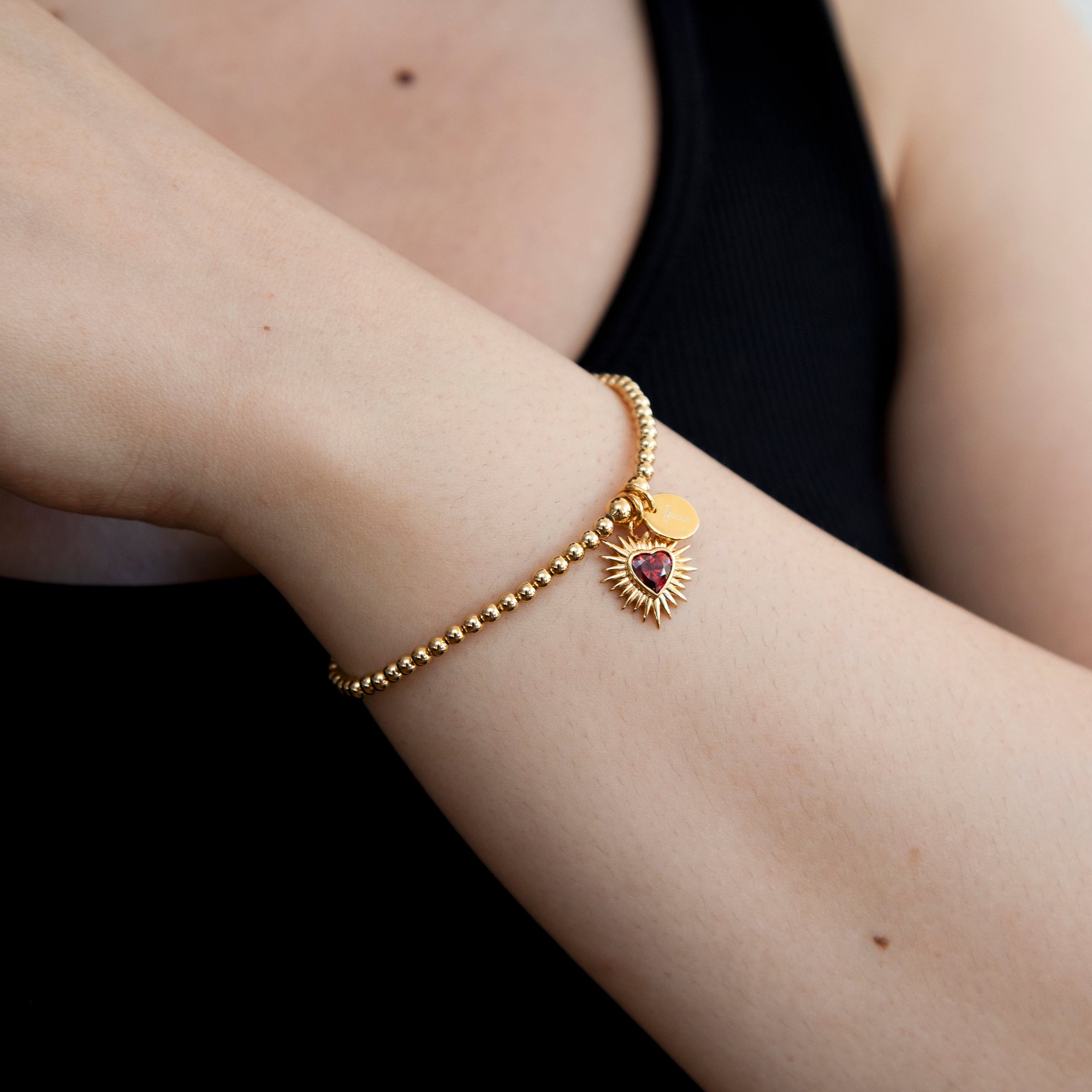 Personalised Gold & Red Sacred Heart Ball Bracelet