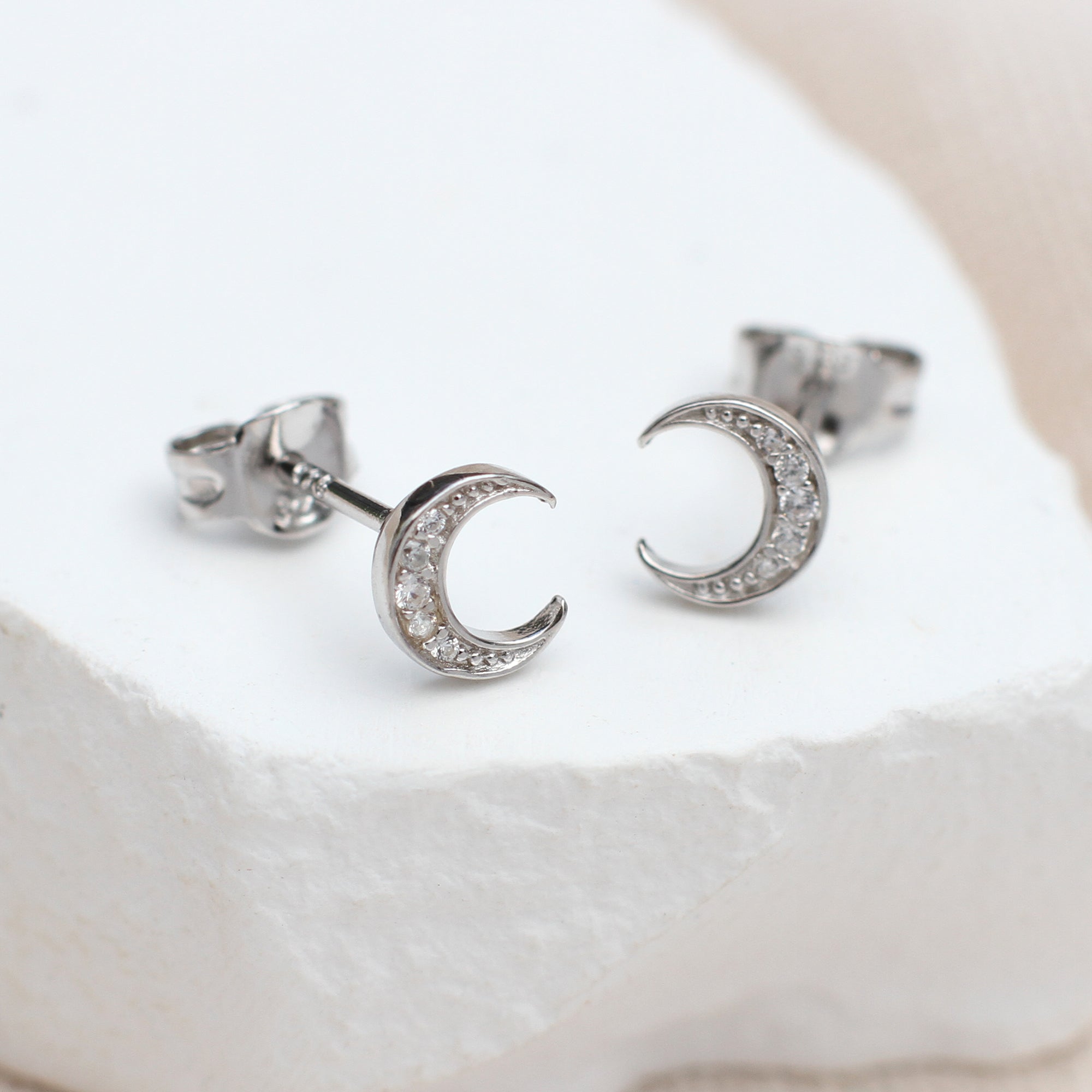 Silver Cubic Zirconia Crescent Moon Stud Earrings