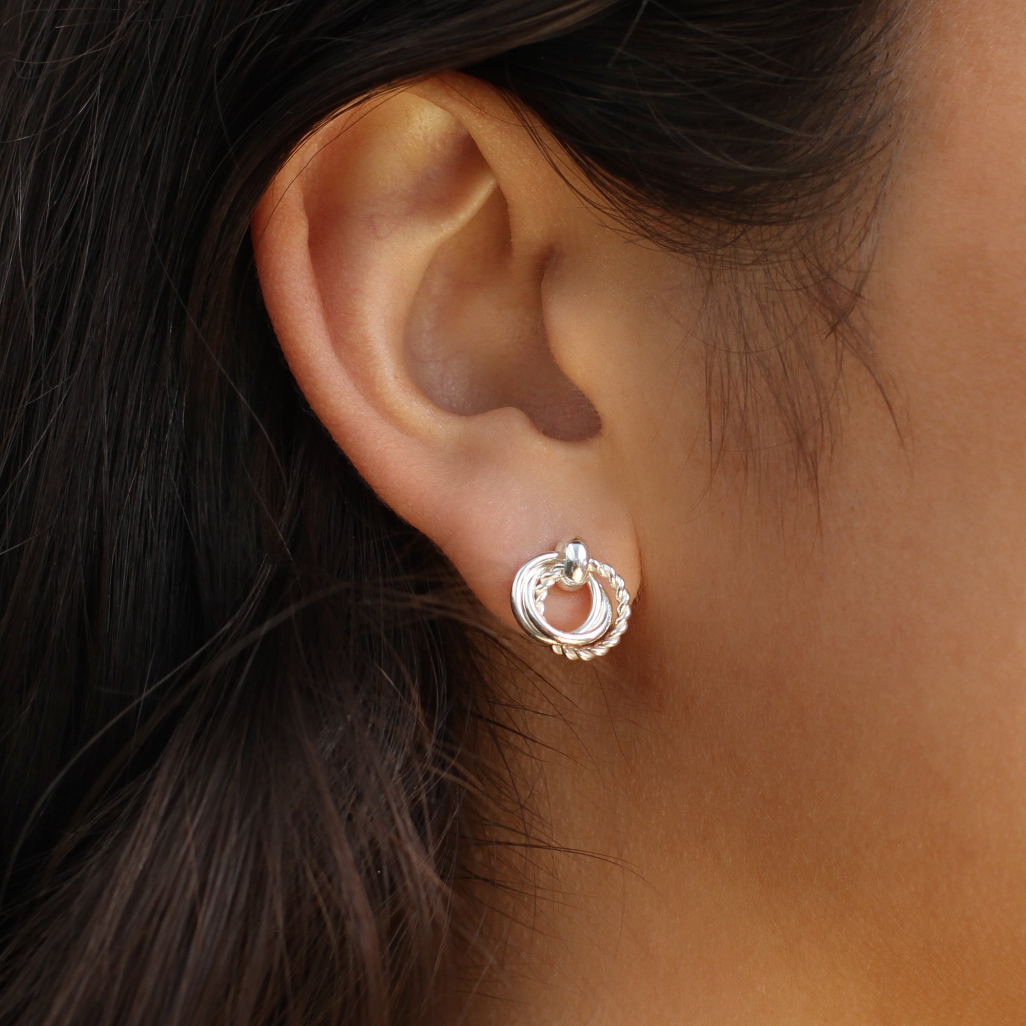 Silver Triple Small Circle Drop Stud Earrings