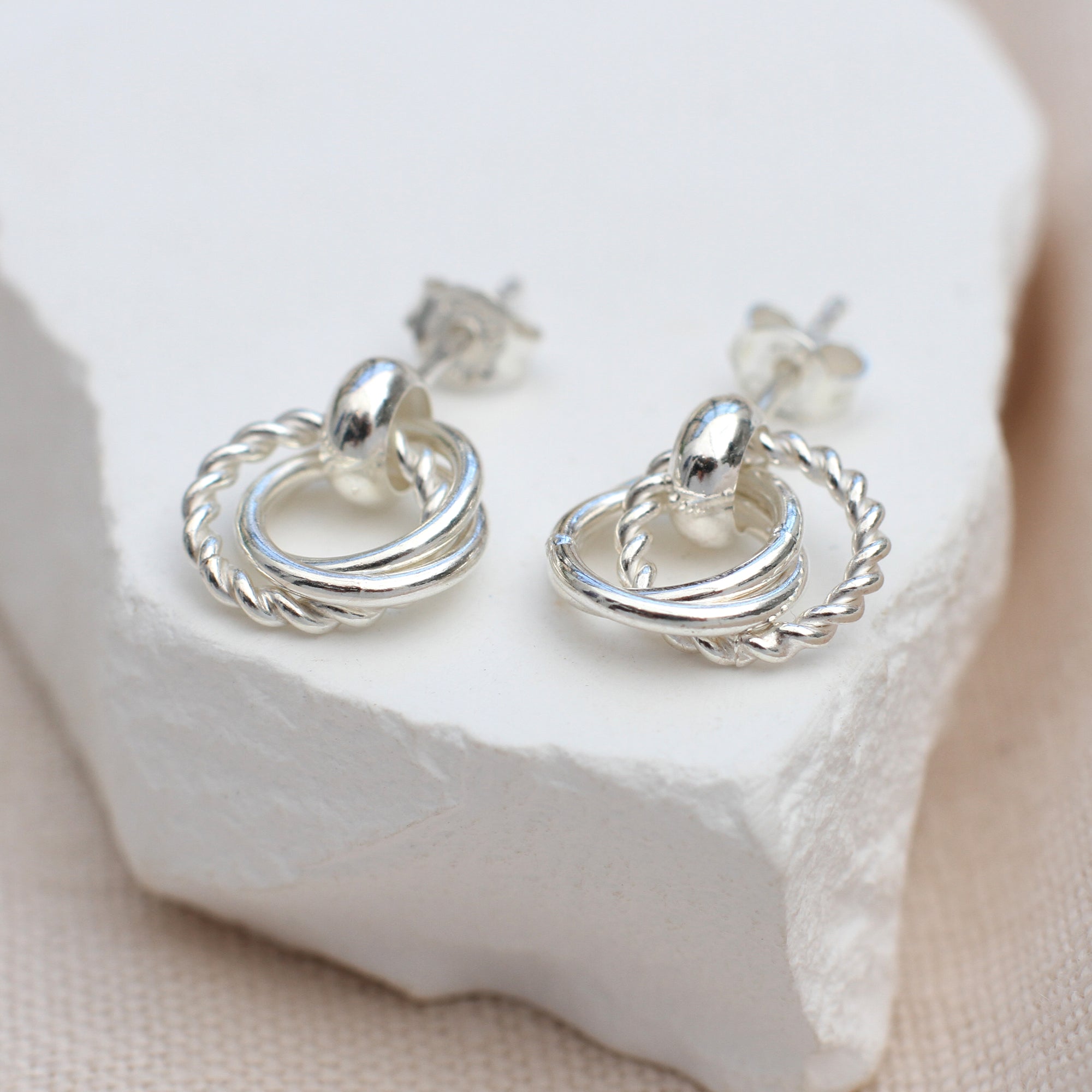 Silver Triple Small Circle Drop Stud Earrings
