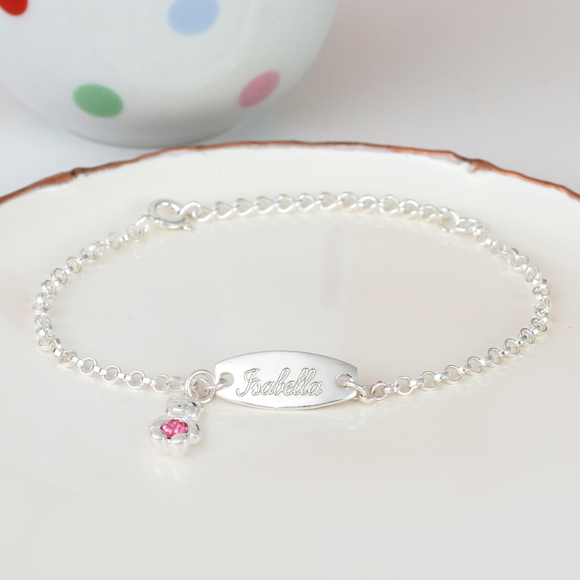 Personalised Sterling Silver Christening Bracelet With Birthstone Teddy