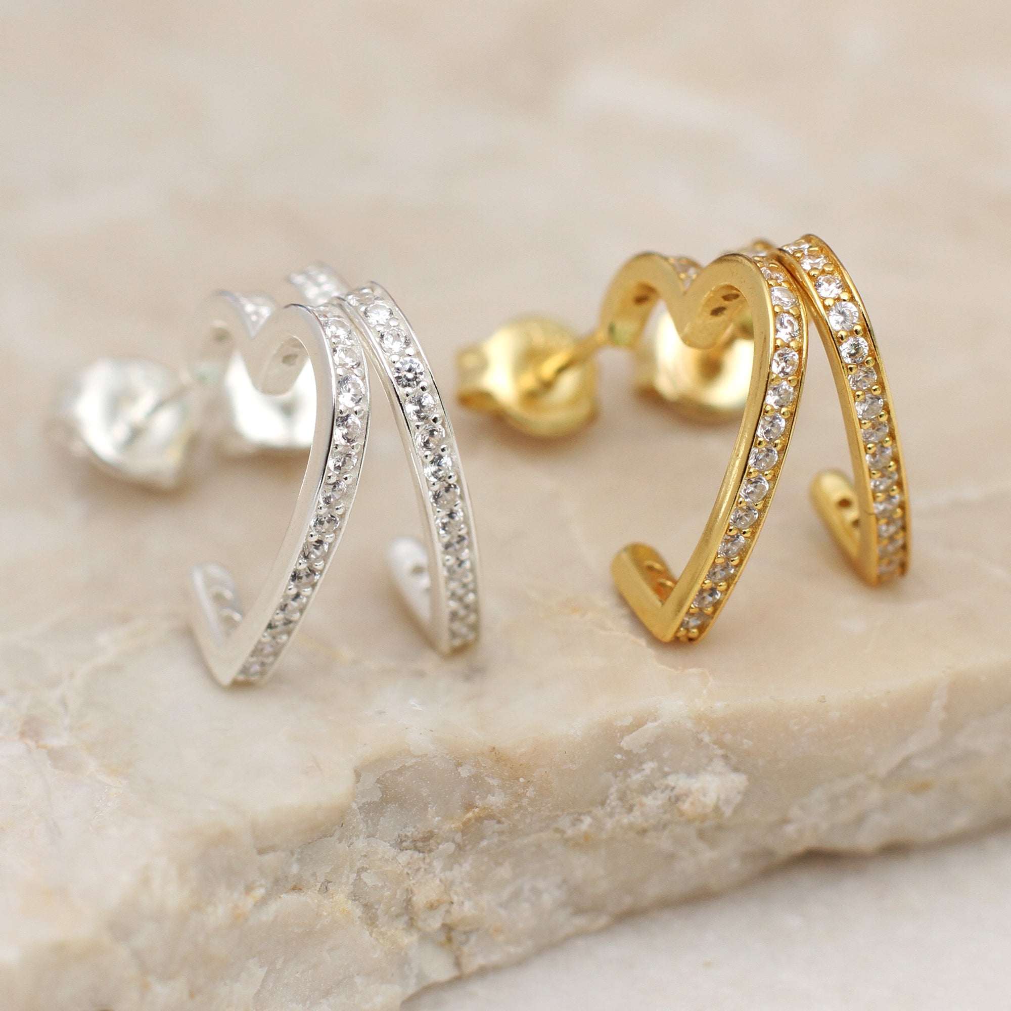 18ct Gold Plated Or Silver Crystal Heart Hoop Earrings