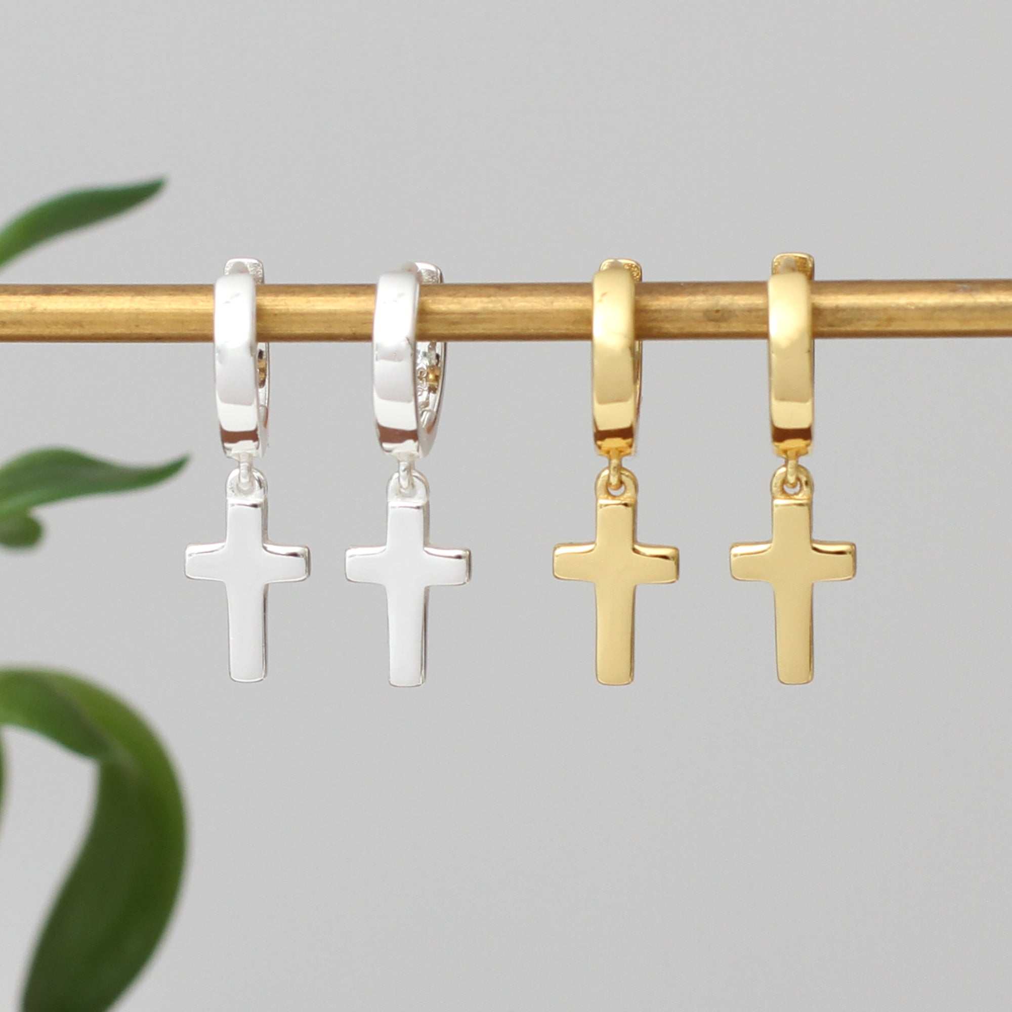 18ct Gold Plated Or Silver Cross Huggie Hoop Earrings
