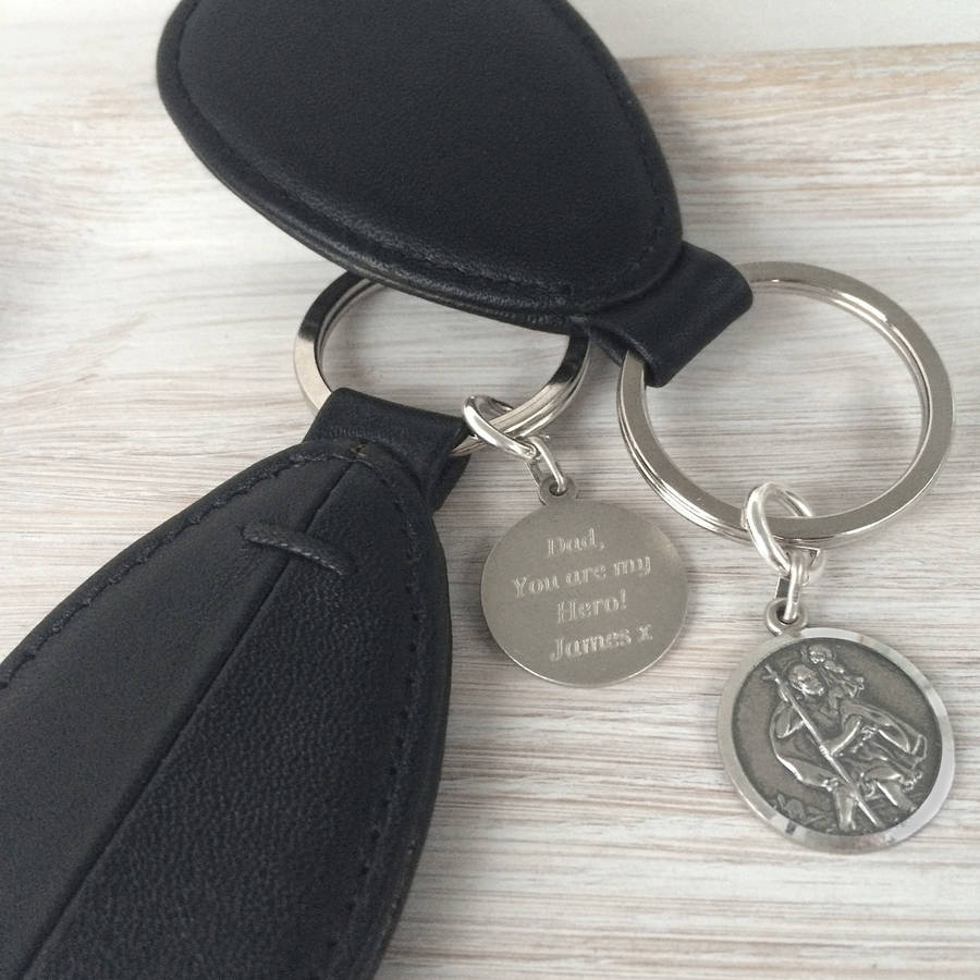 Personalised Silver St Christopher Oval Leather Keyring