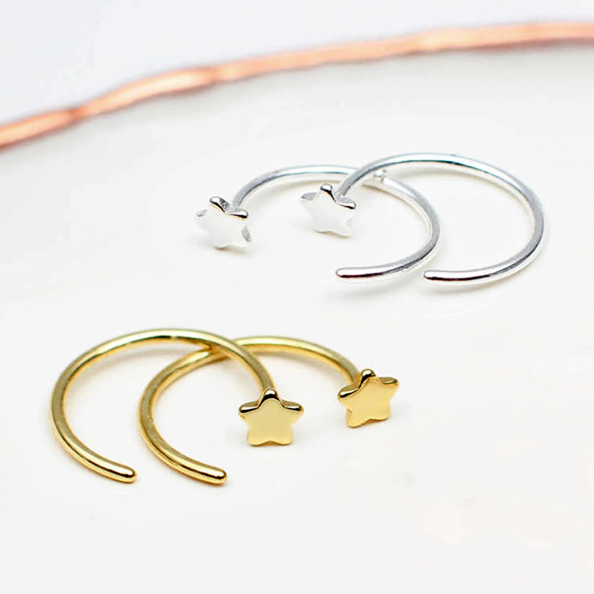 18ct Gold Plated or Silver Mini Pull Through Star Earrings