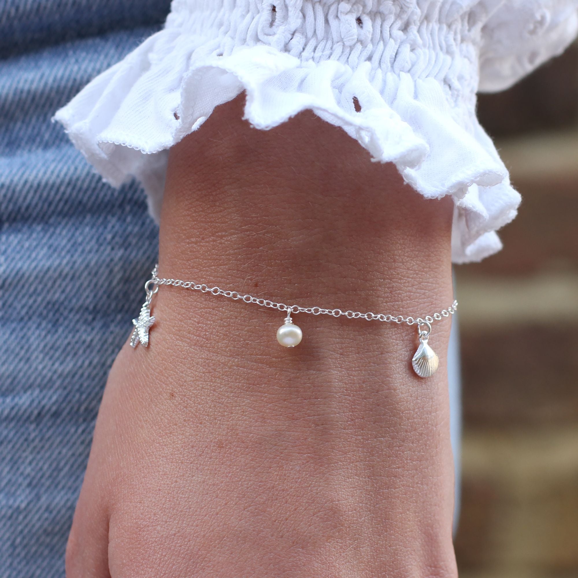 Personalised Sterling Silver or Gold Plated Seashell Charm Bracelet