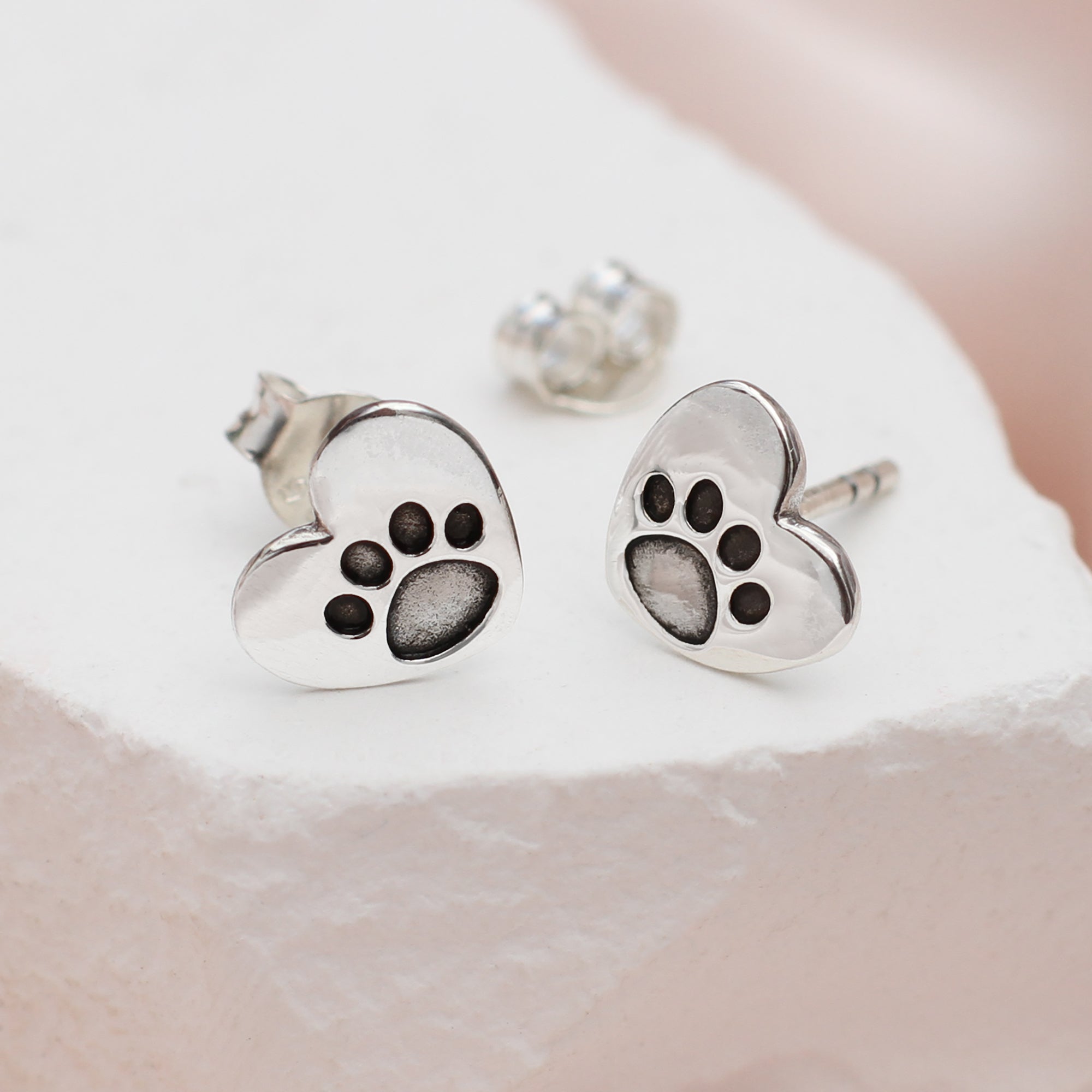 Paw Print Sterling Silver Heart Stud Earrings