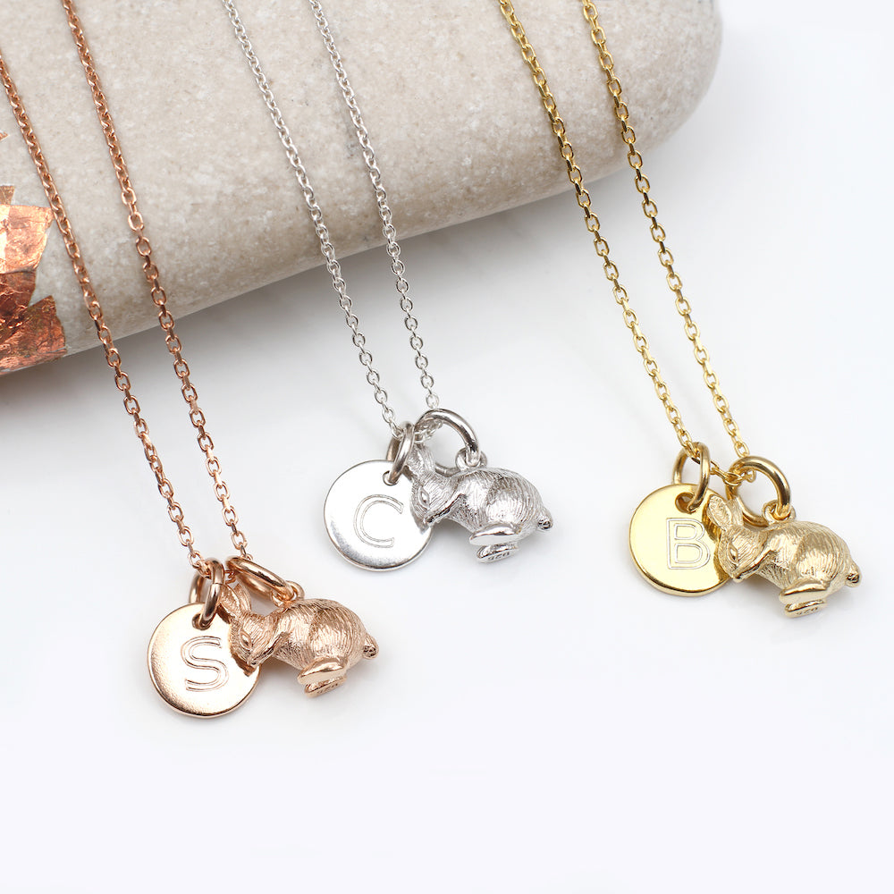 Silver Personalised Initial Disc Tiny Bunny Necklace