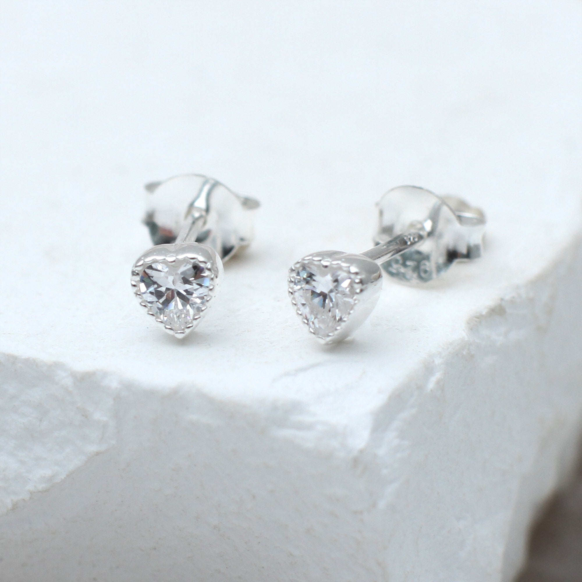Sterling Silver or 18ct Gold Plated Mini Cz Heart Stud Earrings